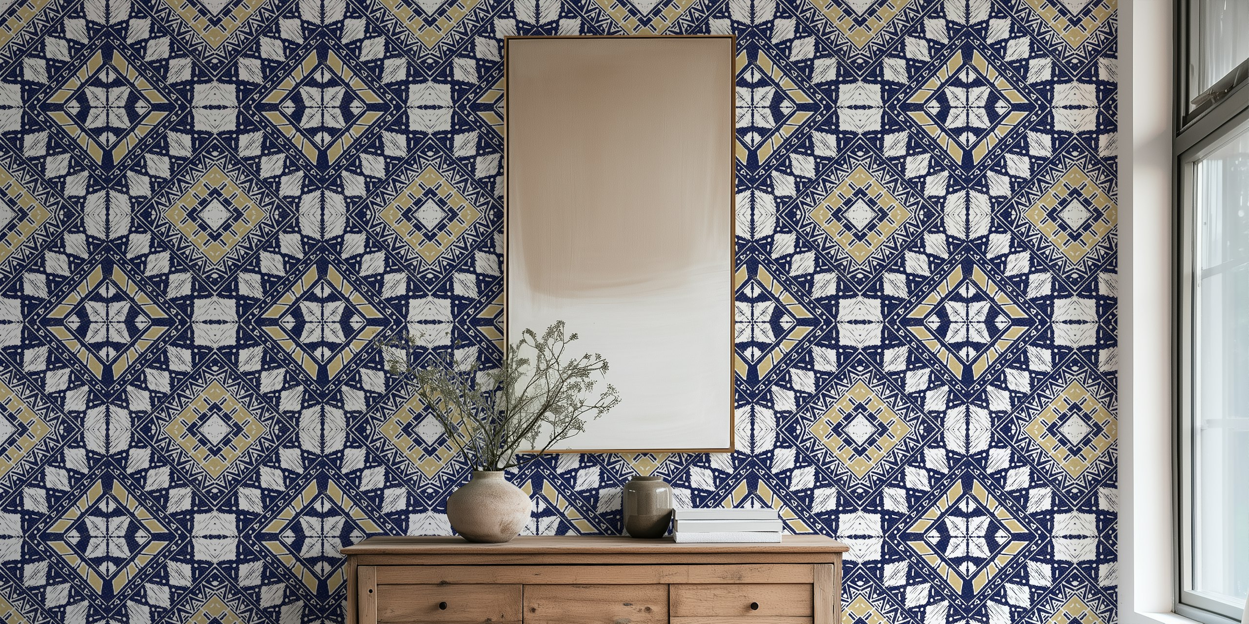 Geometric tribal pattern in navy blue and gold colors wallpaper