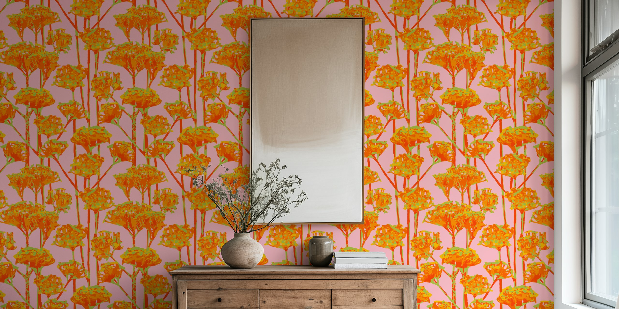 Vibrant coral and orange floral pattern on a pink background wall mural