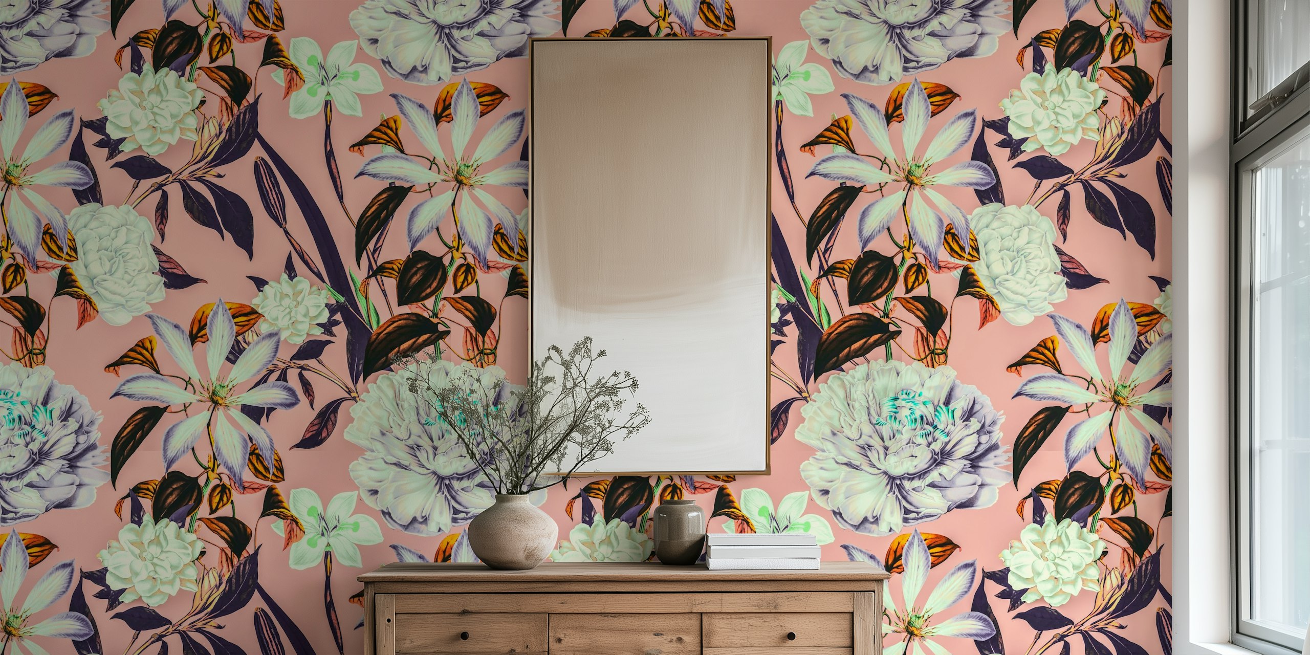 Floral wallpaper with pink background and white, purple, and green flowers