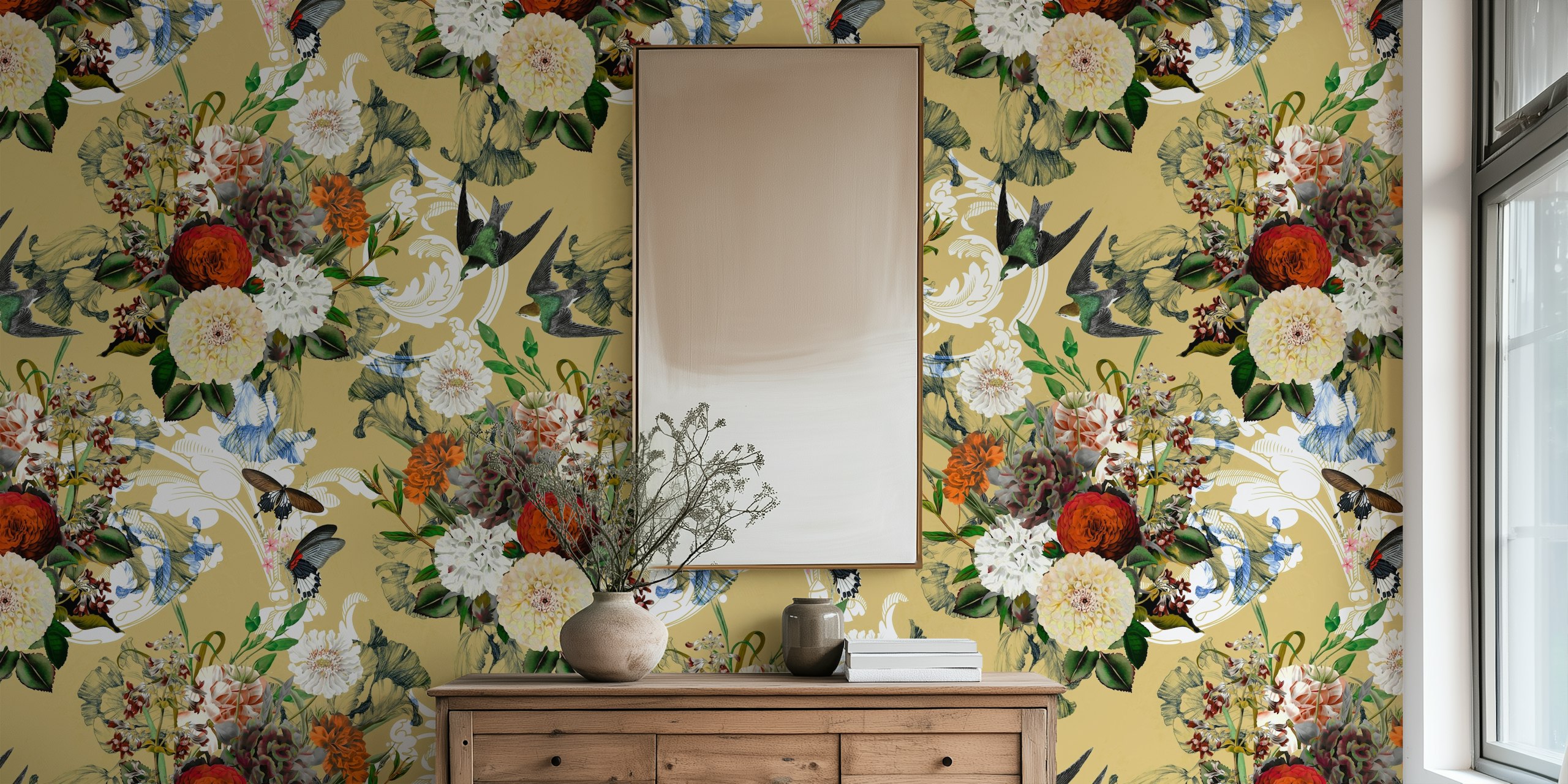Baroque flower bouquet pattern wallpaper in a room