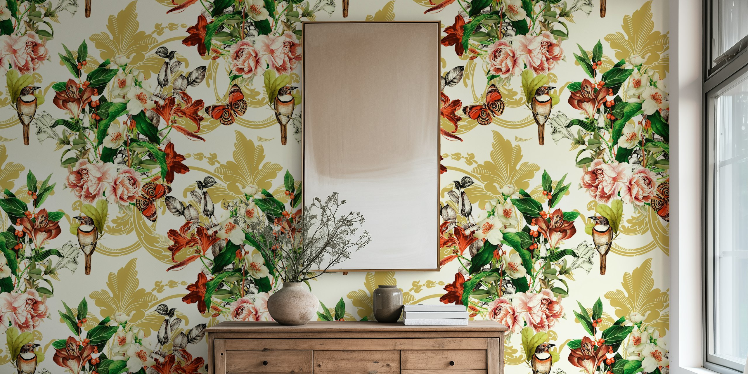 Floral wallpaper with birds, flowers, and butterflies in vibrant colors