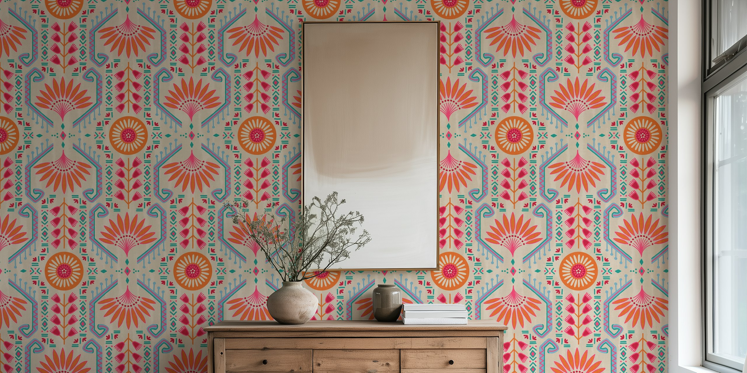 Areca orange & beige wallpaper displayed in a room