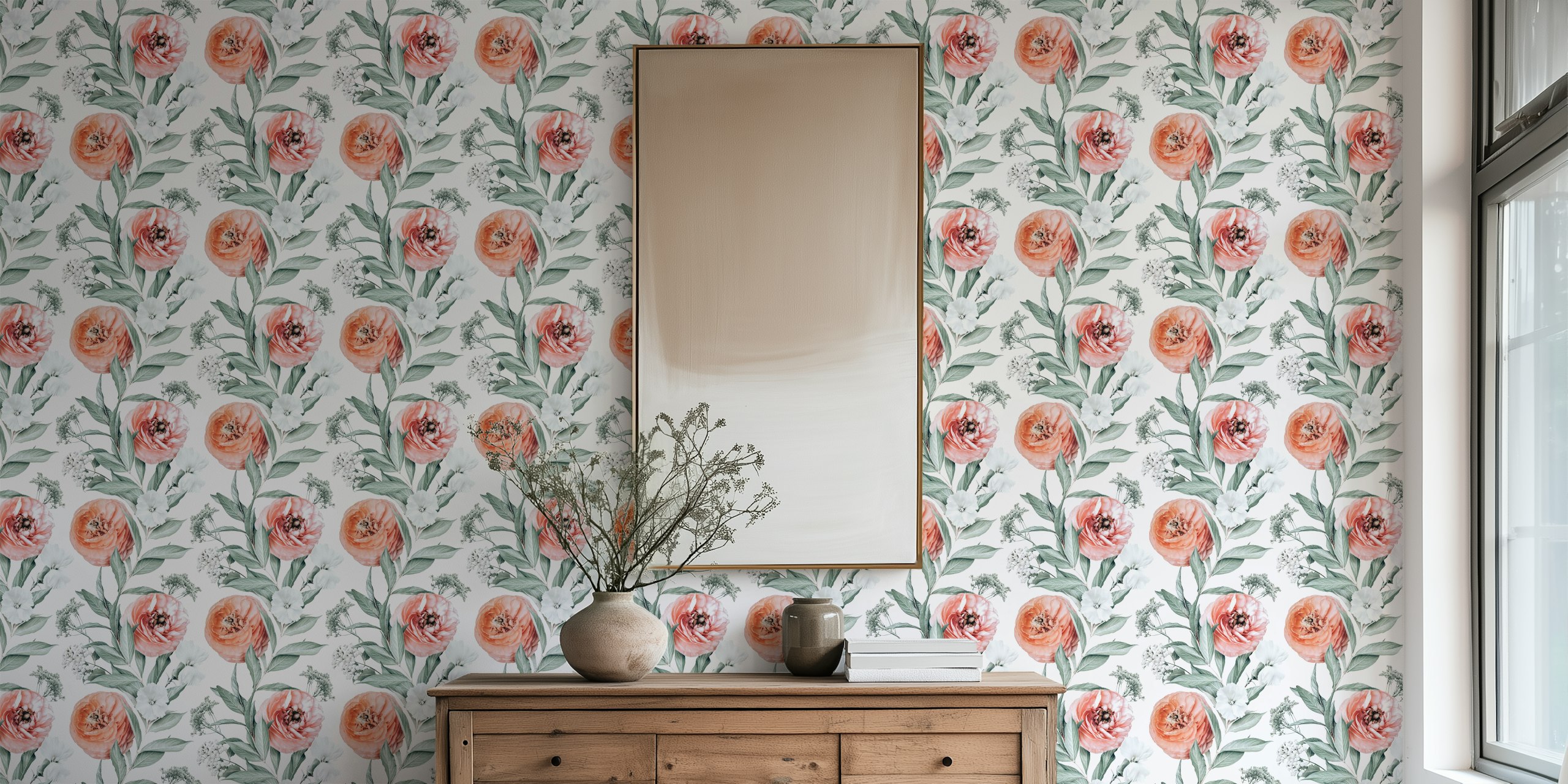 Pink and white floral pattern with green leaves wallpaper