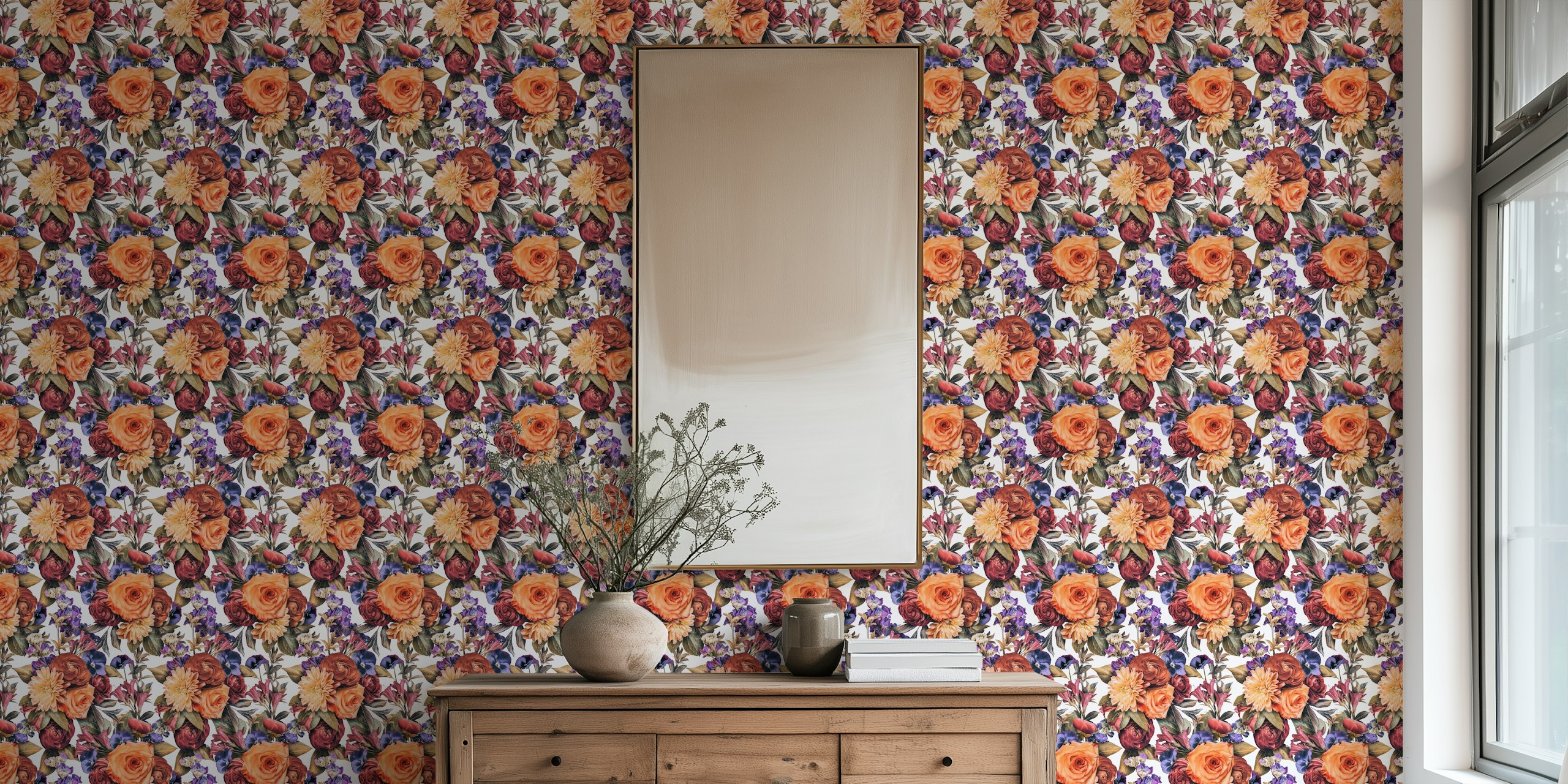 Bloemige wallpaper Enchanted Sunrise in een stijlvolle kamer