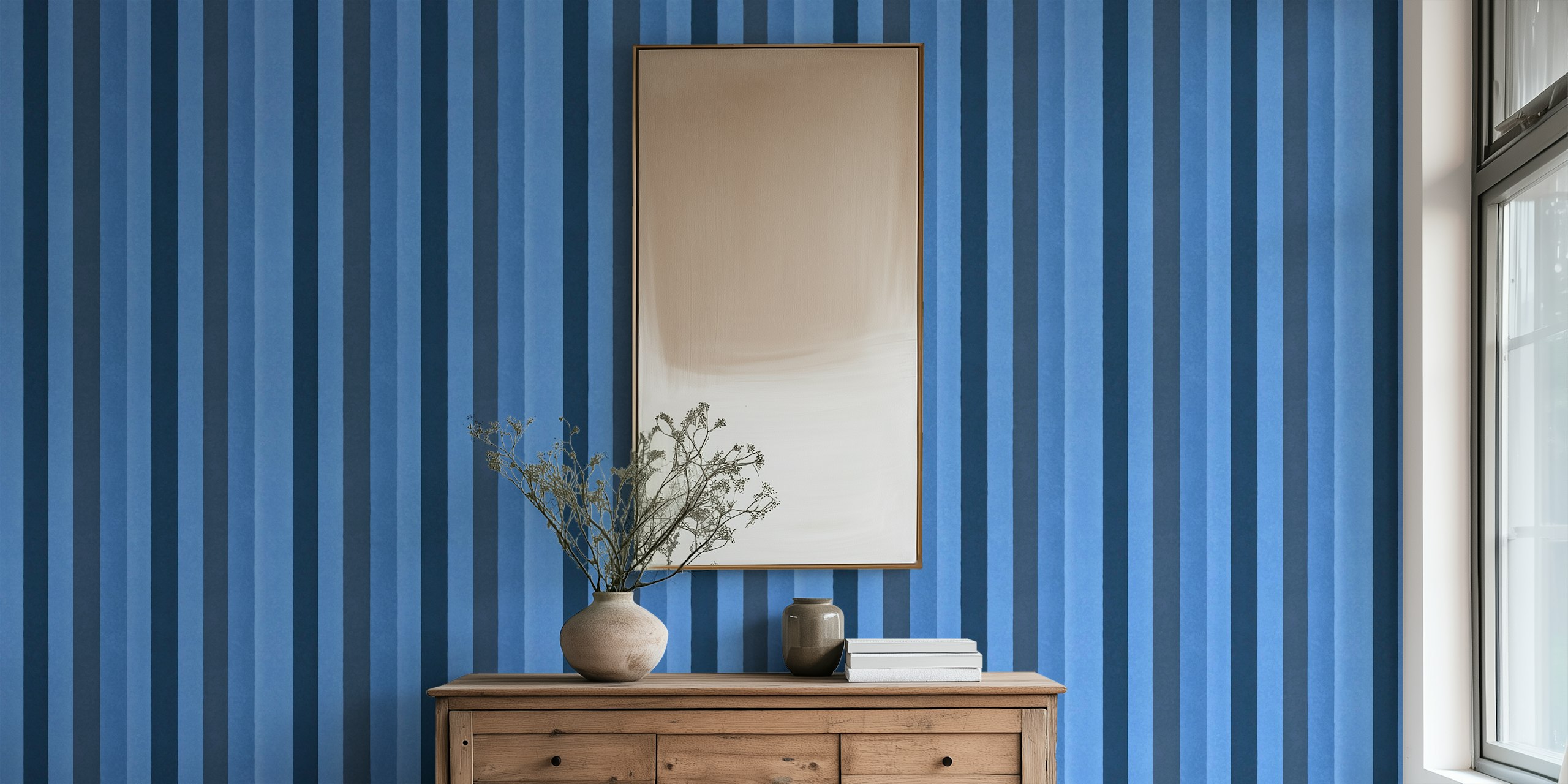 Vertical stripes in denim blue shades wallpaper