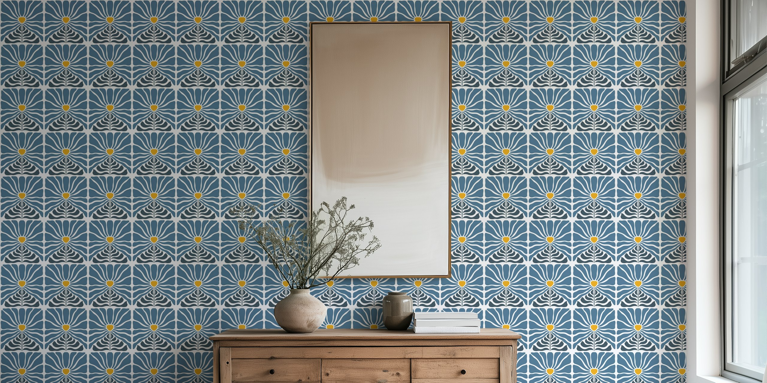 Vintage-inspired wall mural featuring blue flowers with yellow centers on a retro patterned background