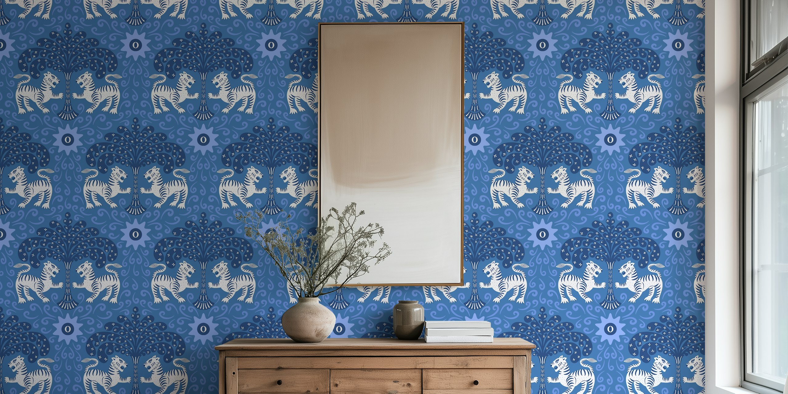 Blue and white tribal tiger pattern wall mural