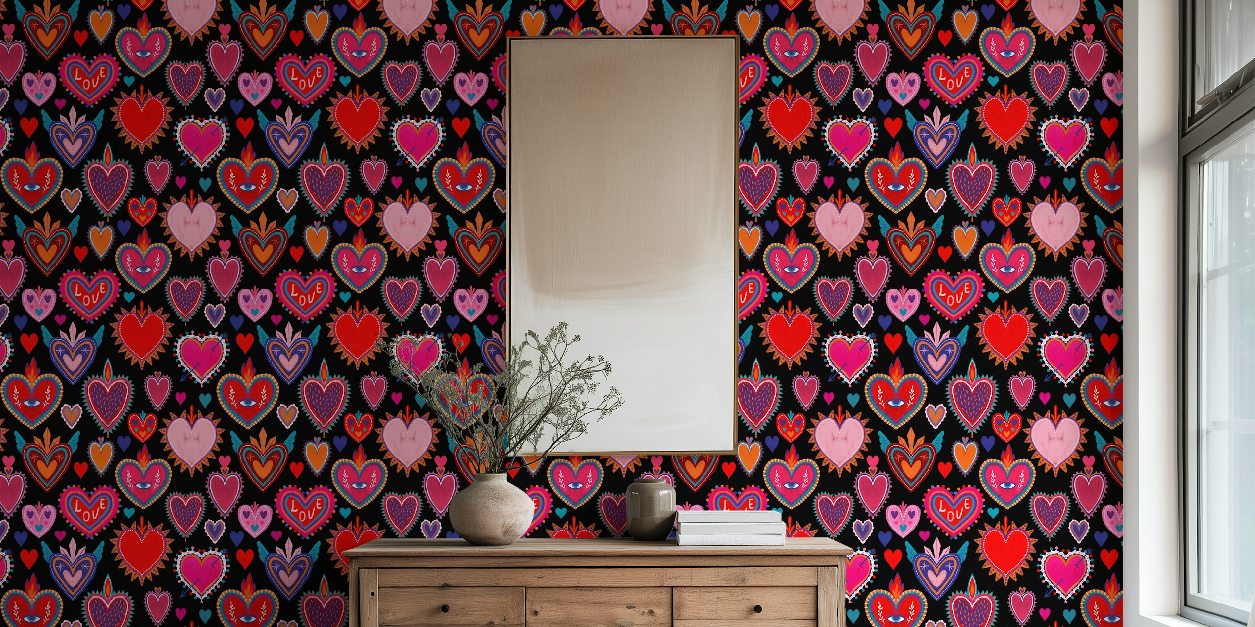 Colorful heart patterns on a black background wallpaper