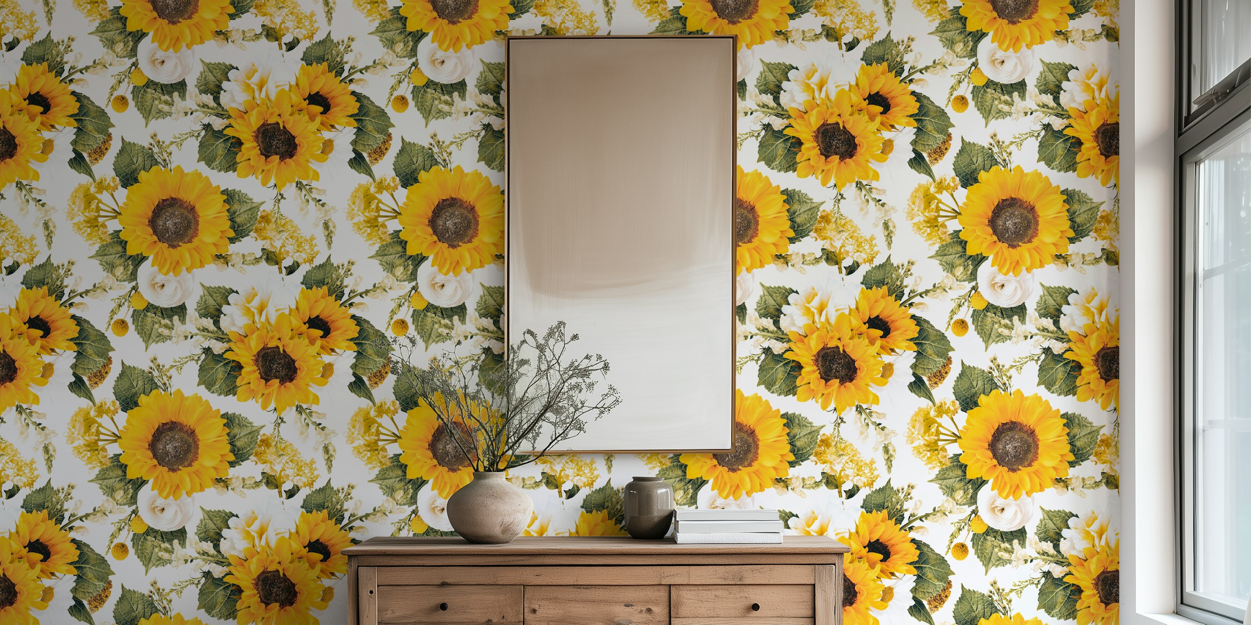Lyse solsikker og hvite blomsterveggmalerier
