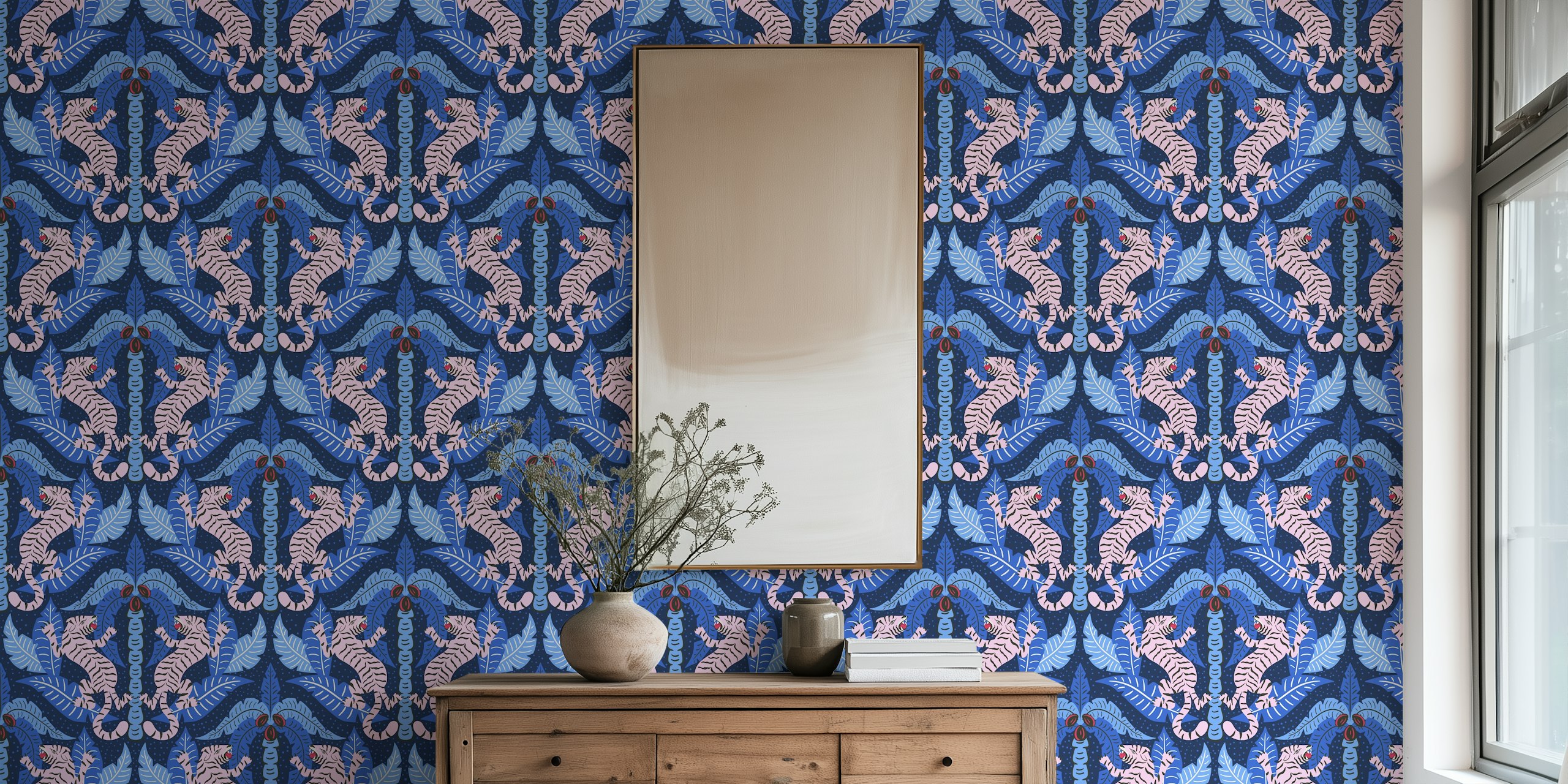 Pink tigers and blue palm leaves on dark background wallpaper