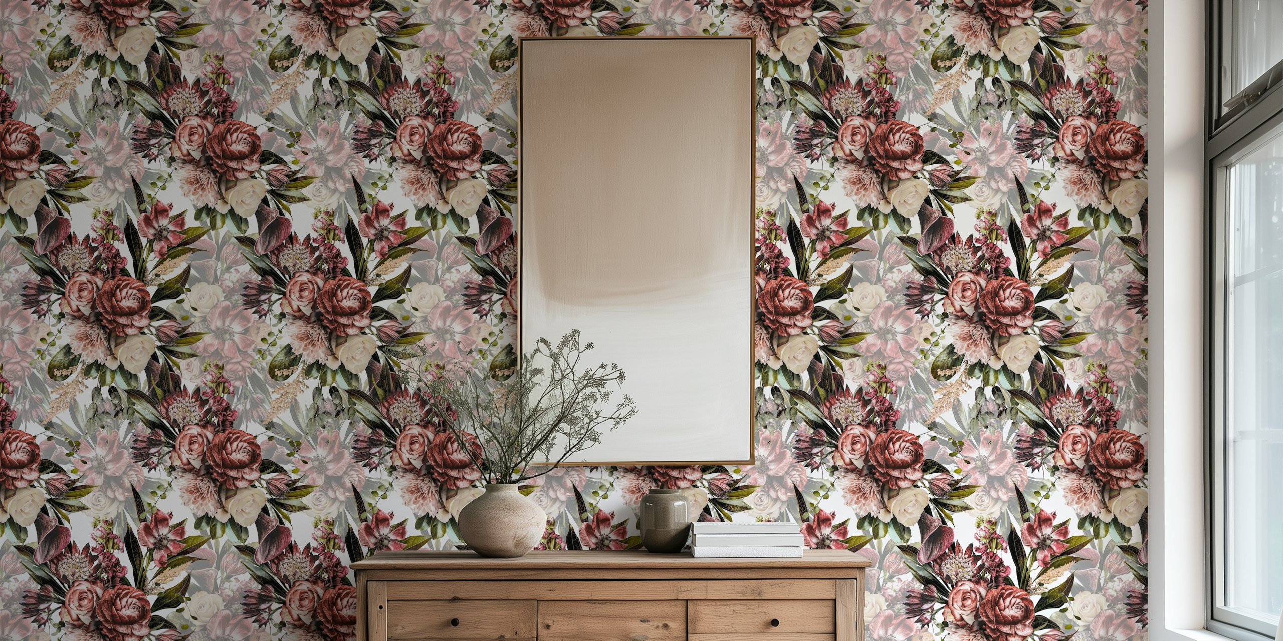 Vintage floral design with roses, lilies, and greens wallpaper