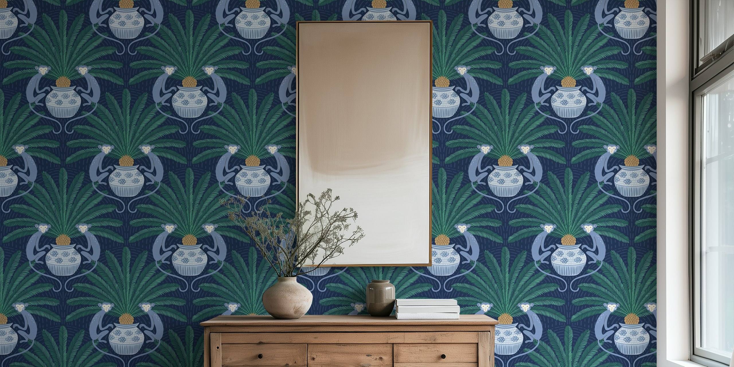 Tropical palm leaves and monkeys in blue wallpaper