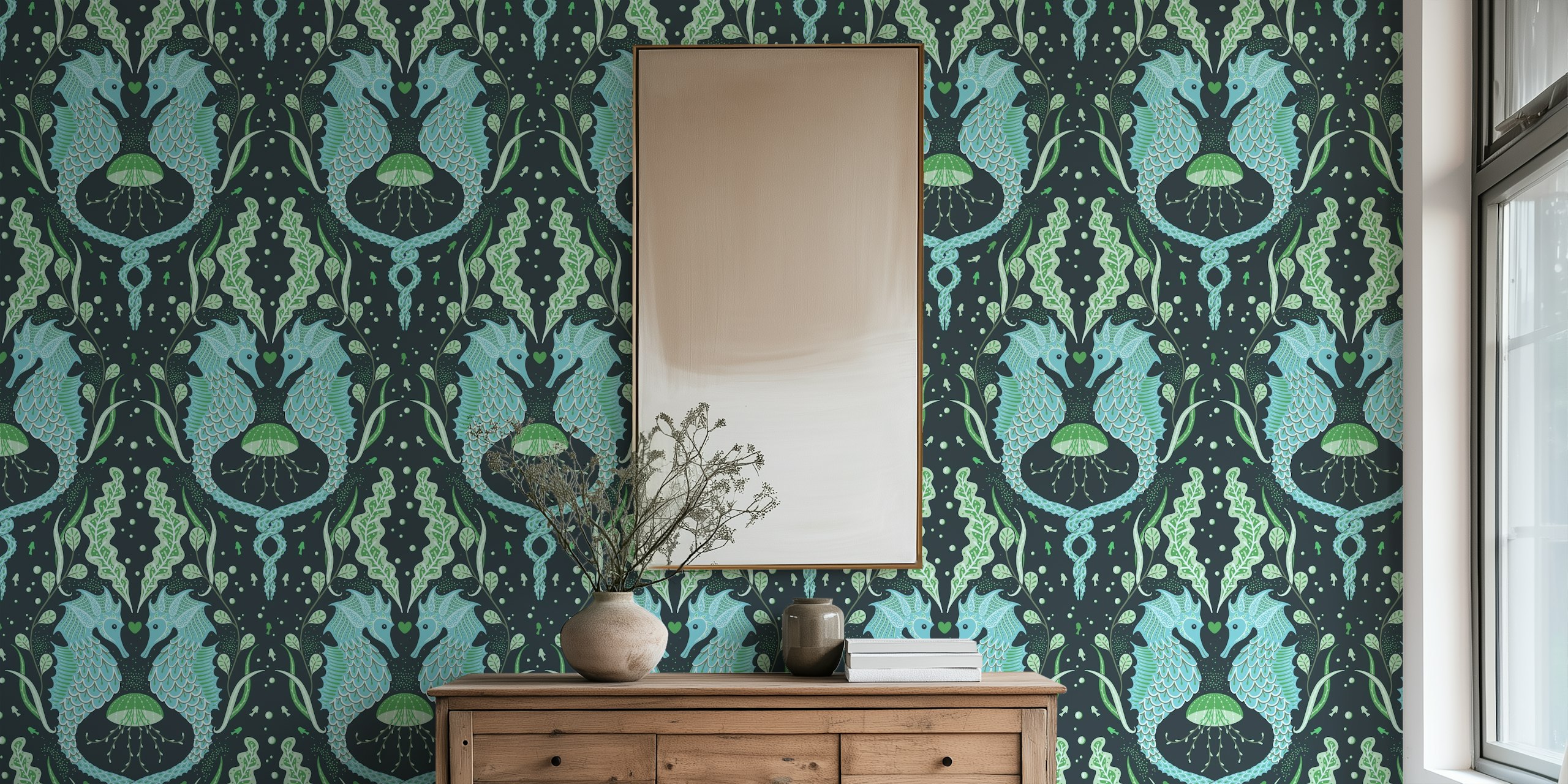 Seahorse wallpaper in a room setting