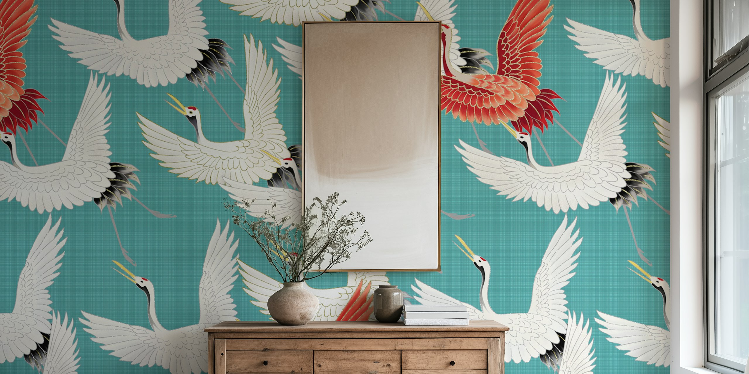 Papel tapiz de Japanese Cranes en una habitación moderna