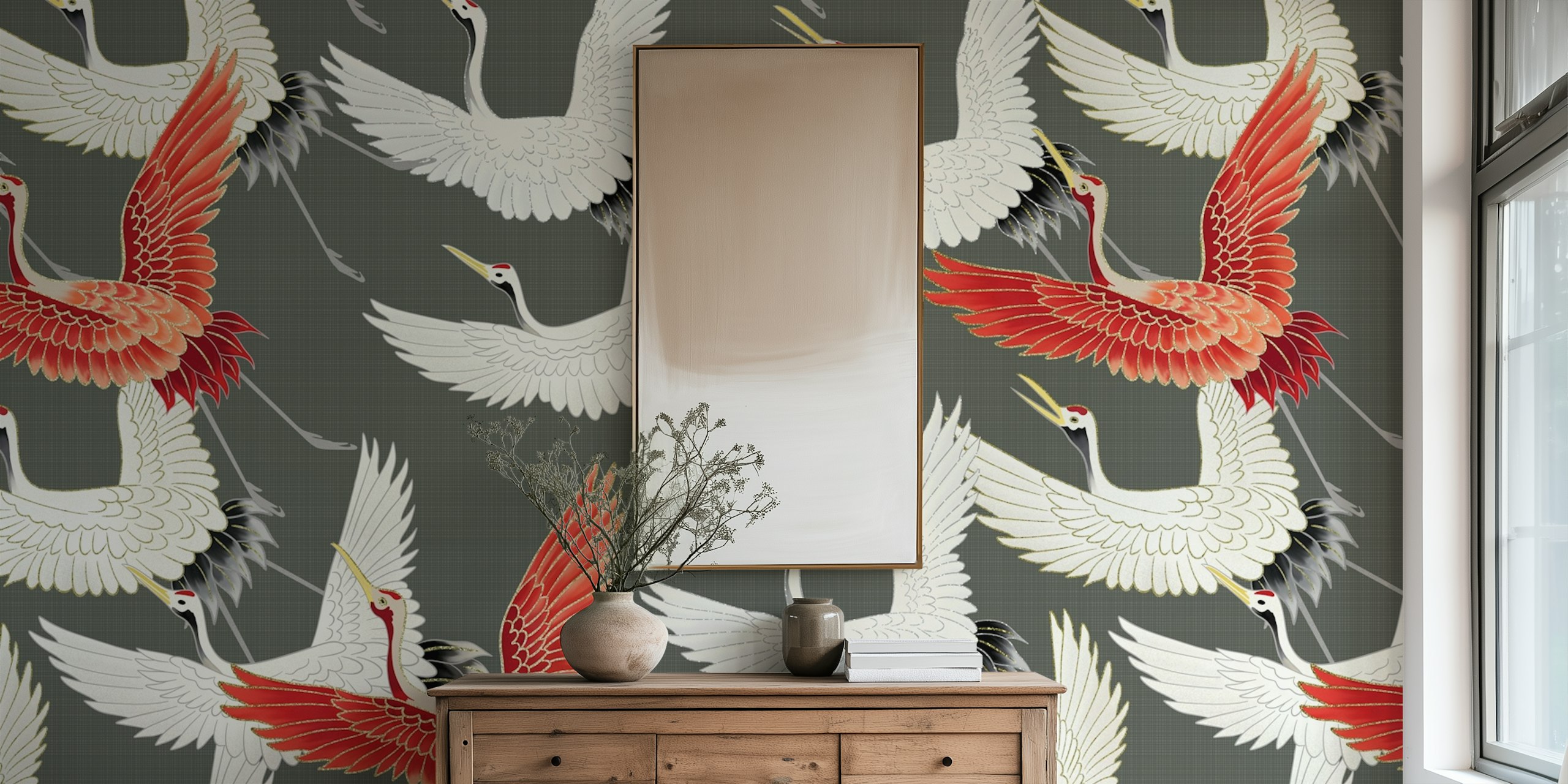 Artistic depiction of Japanese cranes in flight with a standout red crane against a grey background.