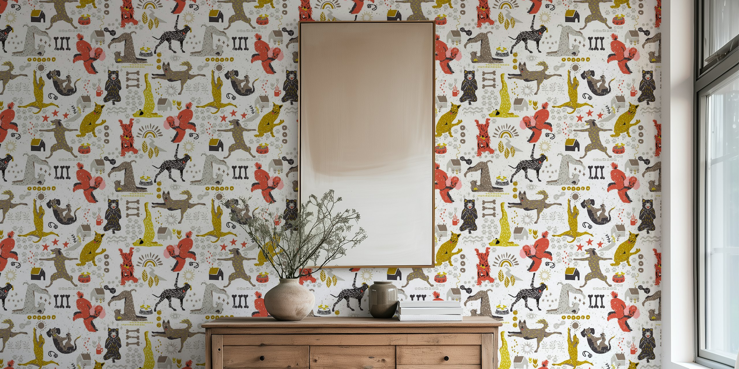 Yoga dogs wallpaper in a cheerful room setting