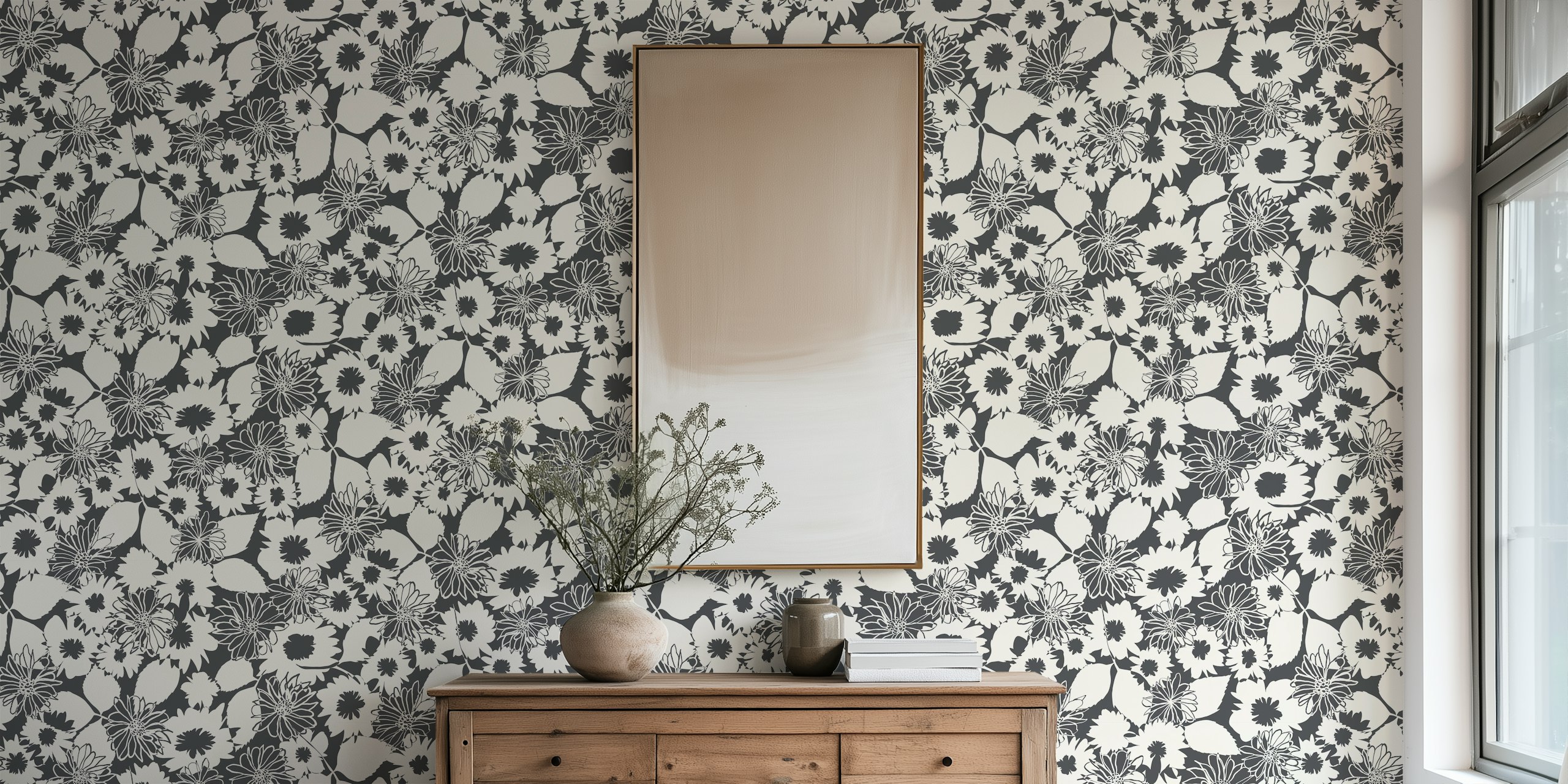 Floral pattern in grey with black outlines wallpaper