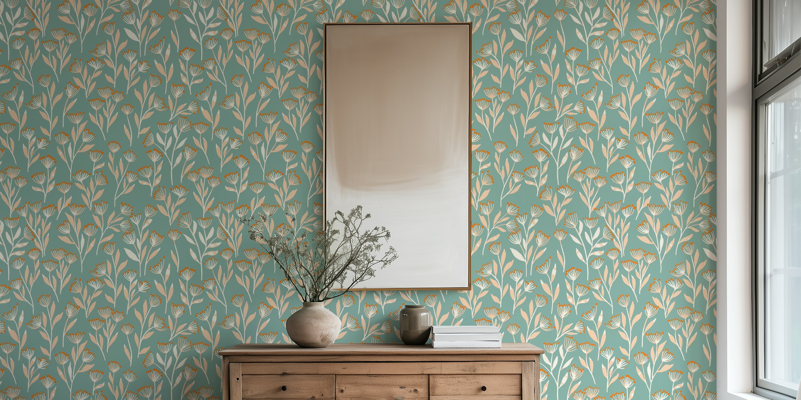 Floral pattern with light peach flowers and leaves on mint green wallpaper