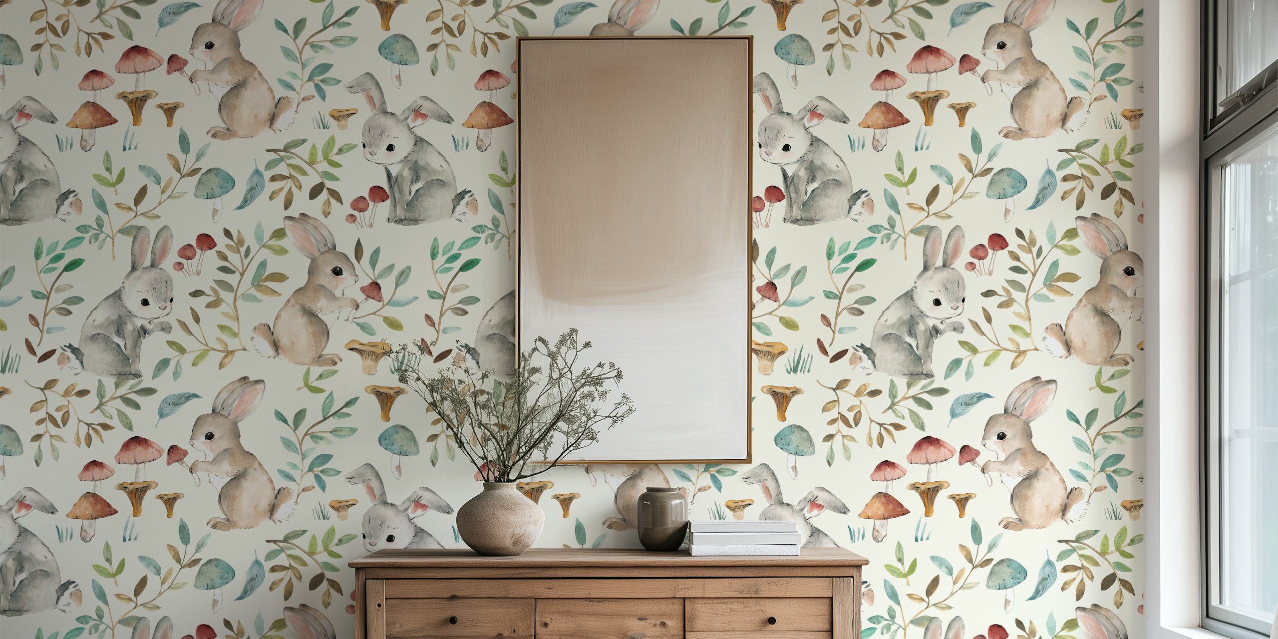 Bunnies surrounded by mushrooms wallpaper