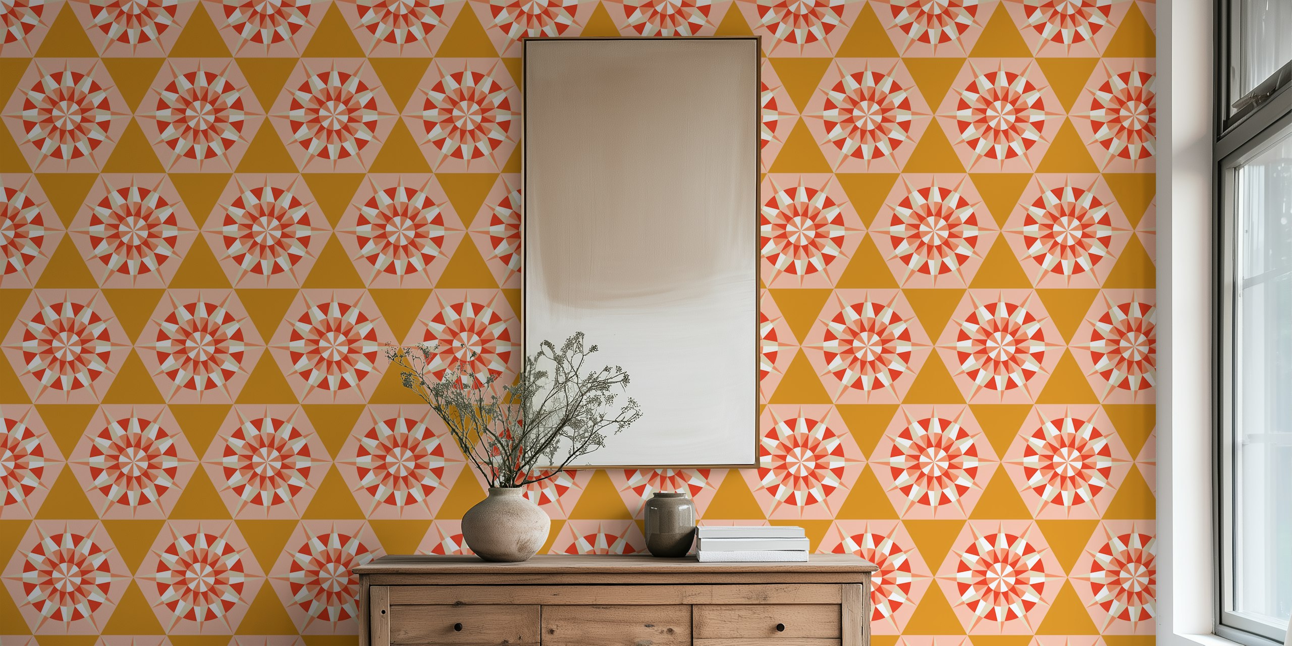 Papel de parede Kaleidoscope Mustard em um quarto elegante