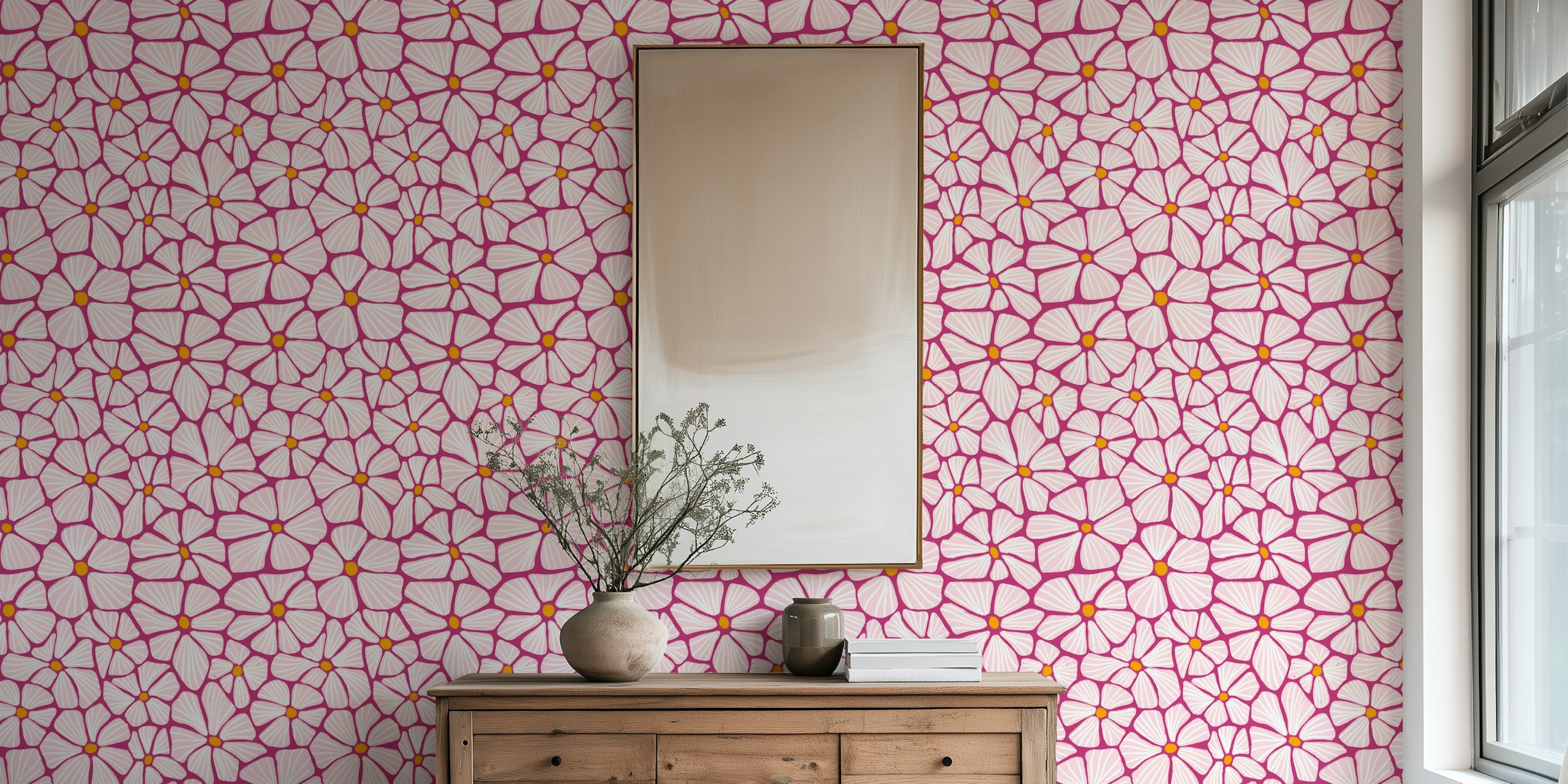 Pink and white floral pattern on berry background wallpaper