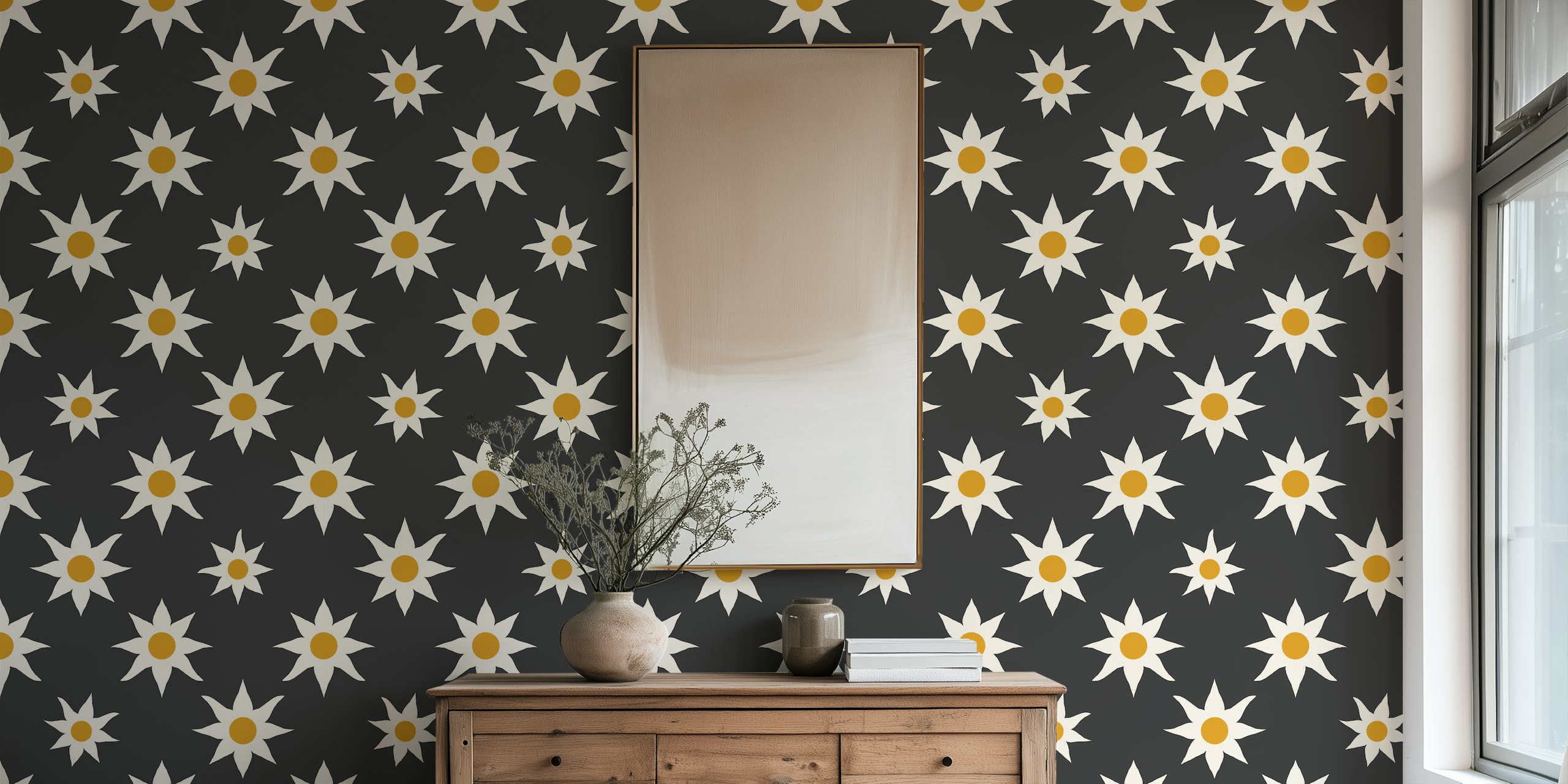 Floral star pattern with charcoal background wallpaper