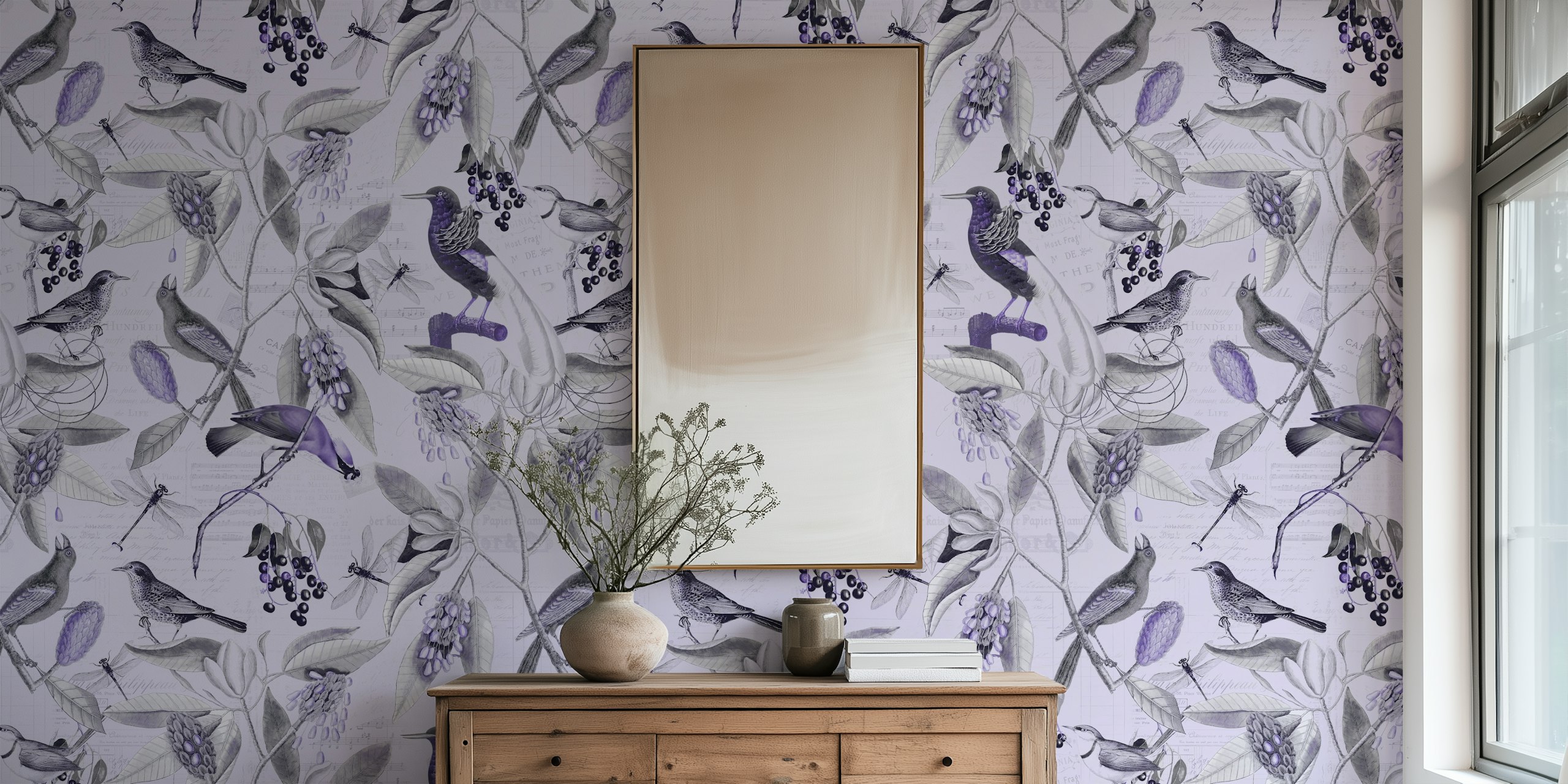 Ταπετσαρία Vintage Magnolia Flowers and Birds Purple σε ένα δωμάτιο