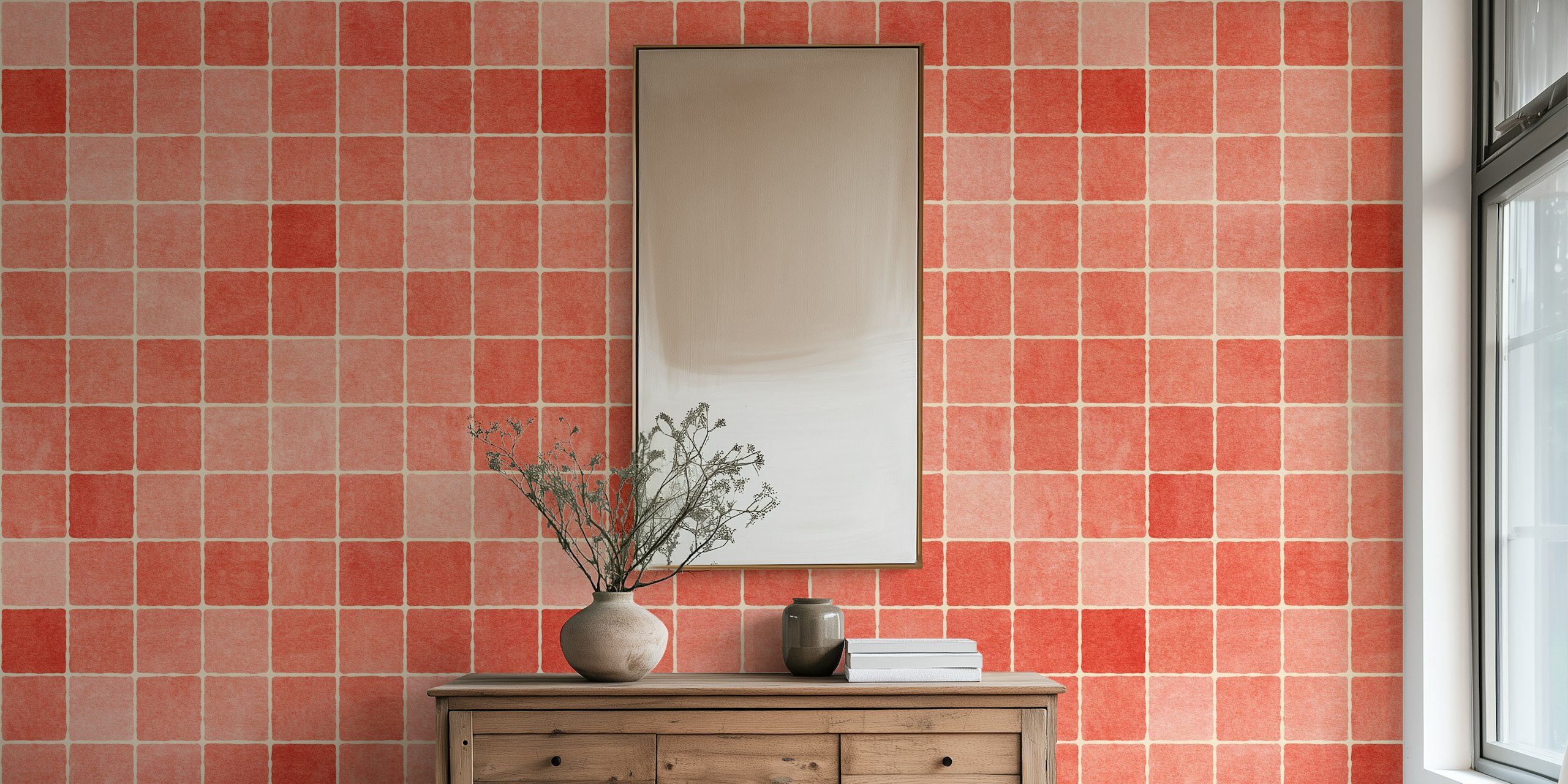 Red mosaic patterned wallpaper featuring small squares