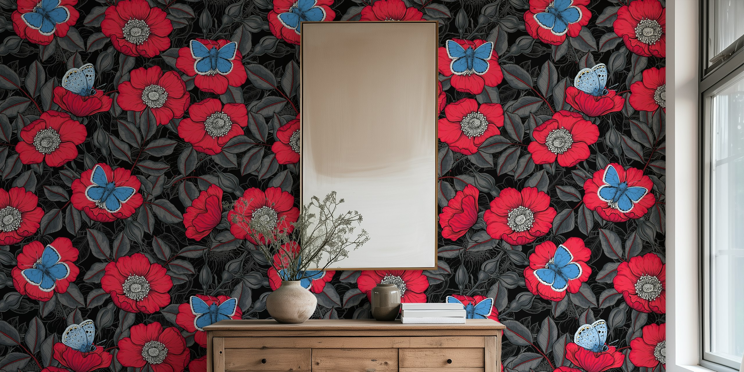 Dog rose and blue butterflies tapetdesign