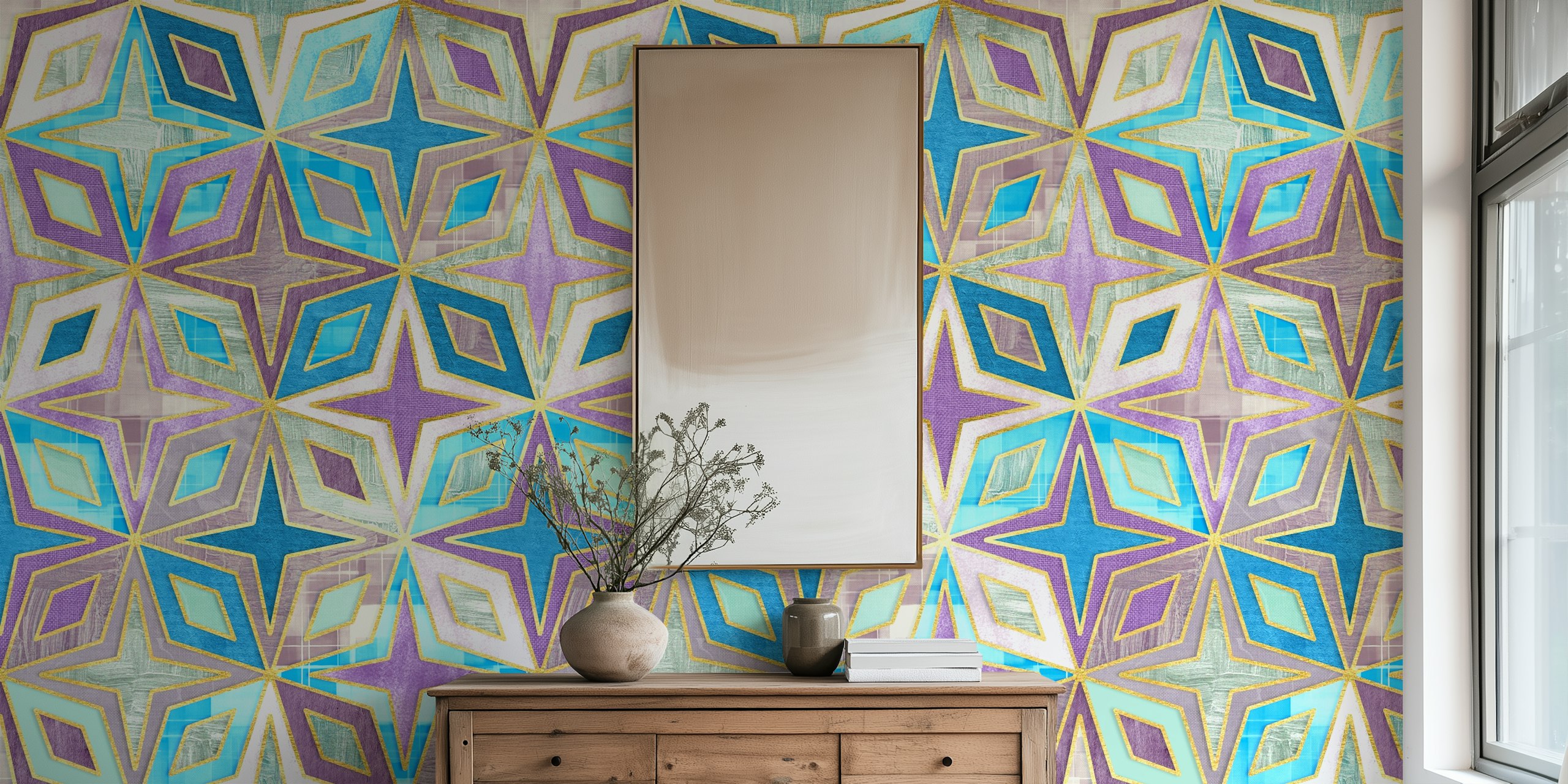 Geometric Blue and Purple Stars and Diamonds Tapete