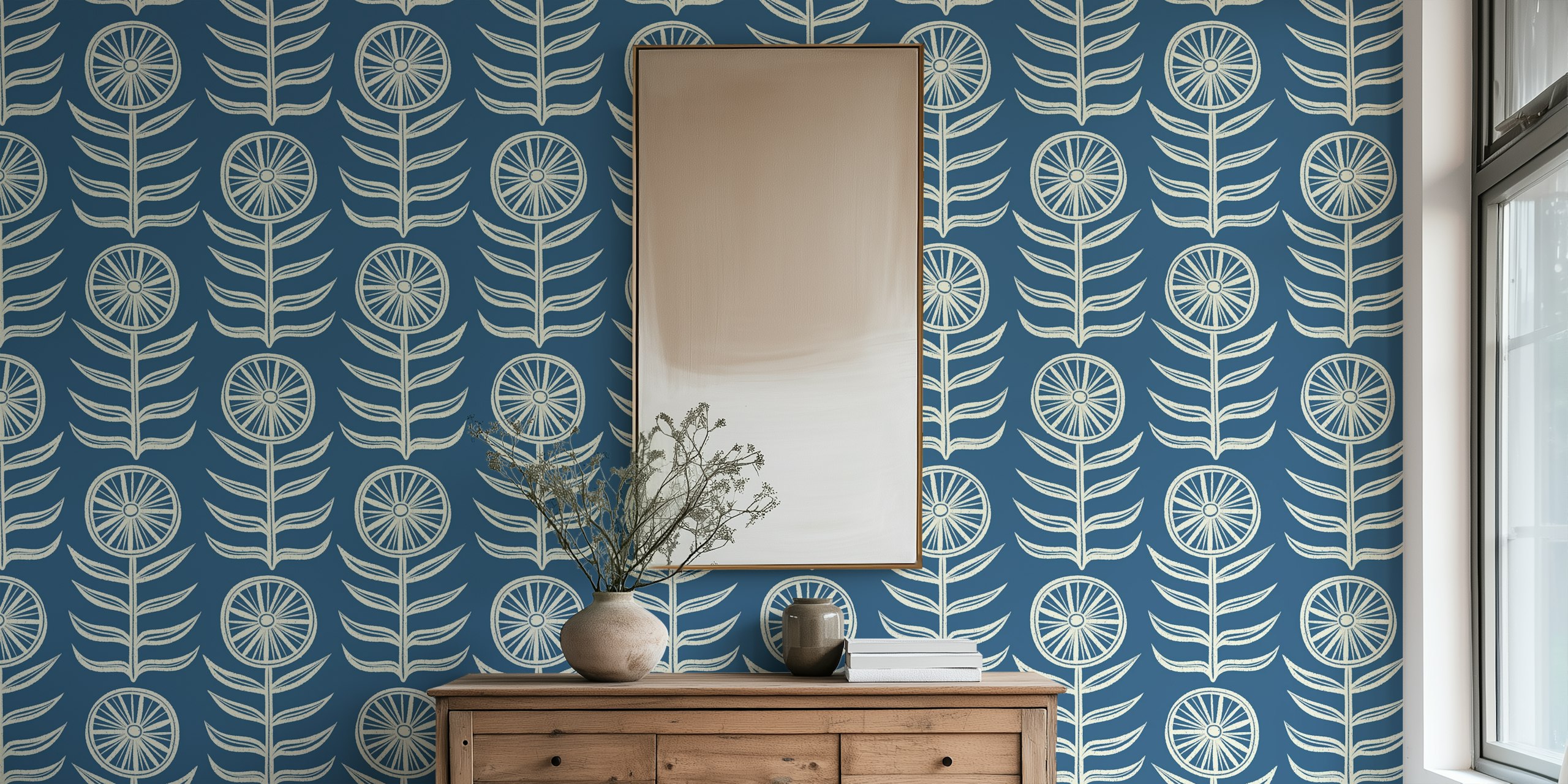 Blue floral boho geo wallpaper in a room