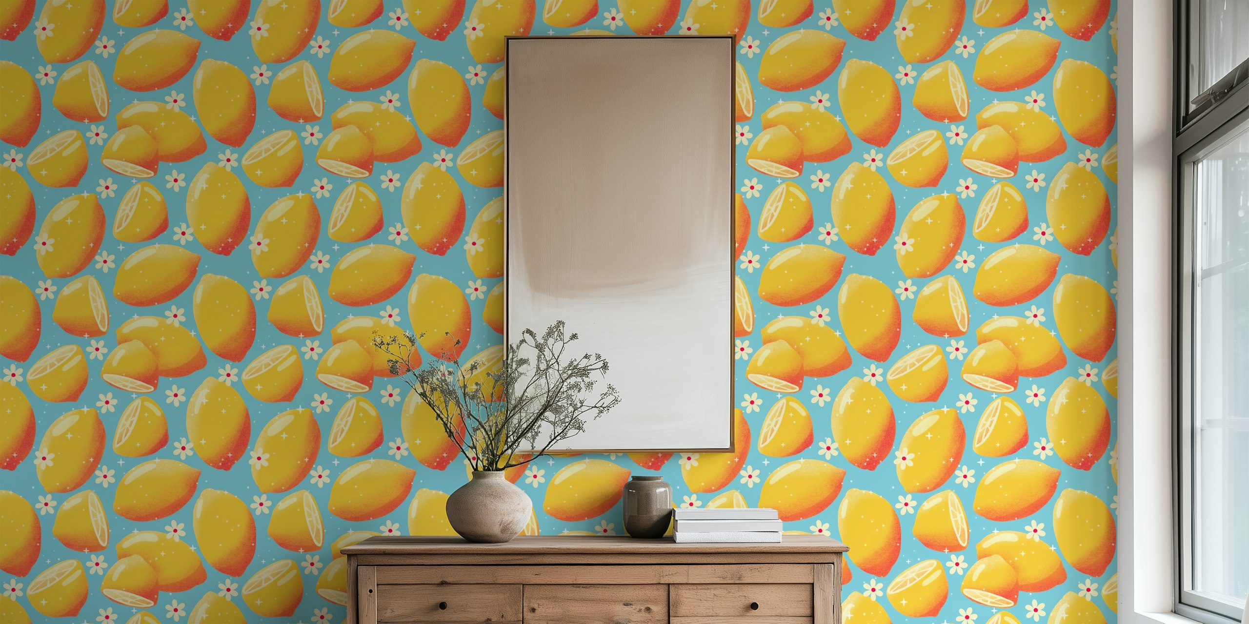 Lemons on blue wallpaper in a room