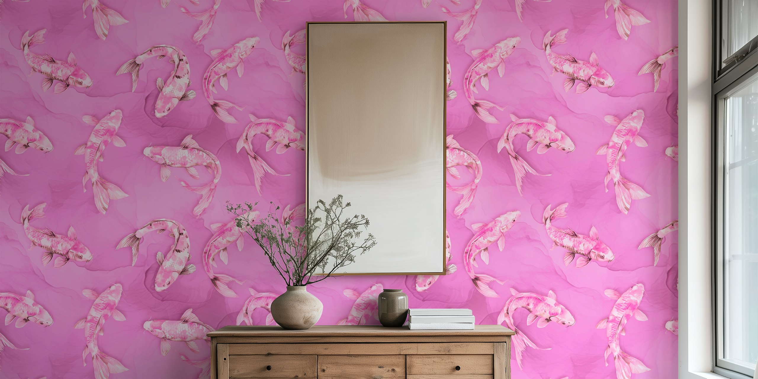 Floating Koi Fish Asia Inspired Pattern Pink in una stanza
