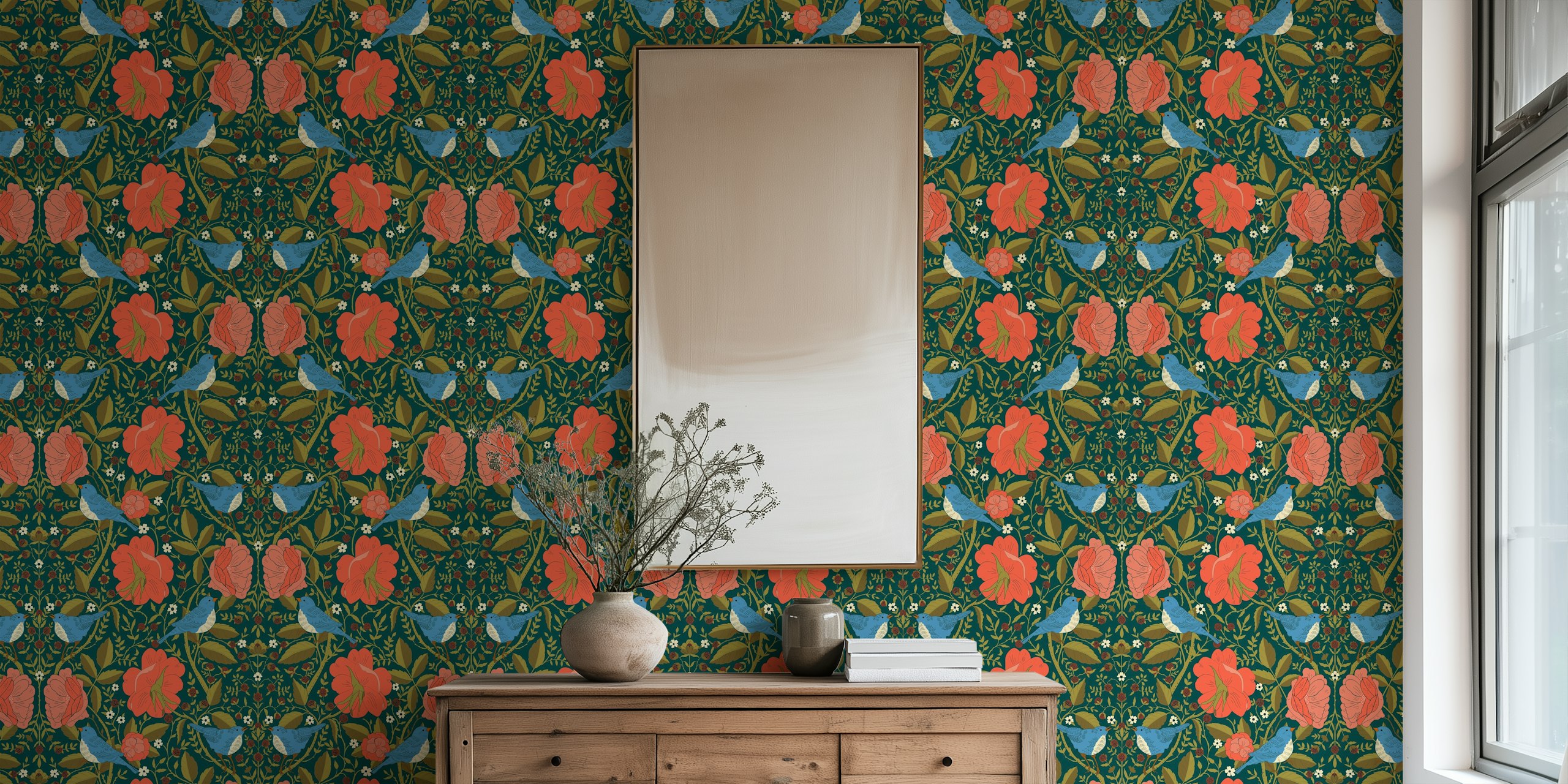 Floral wallpaper featuring blue birds and red flowers on a green background