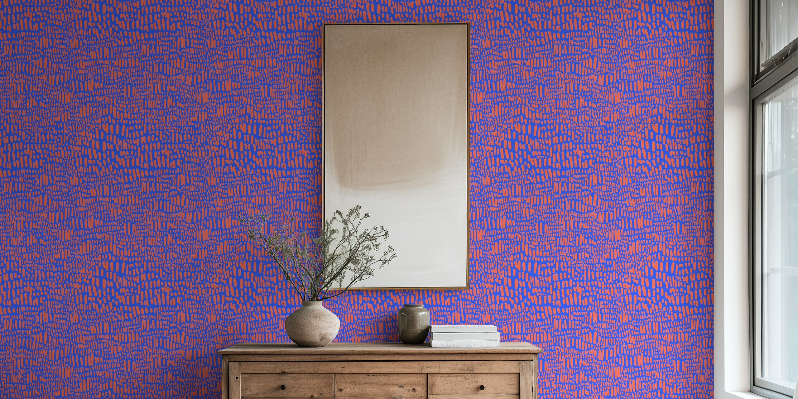 Organic lines and dashes red on blue wallpaper in a room