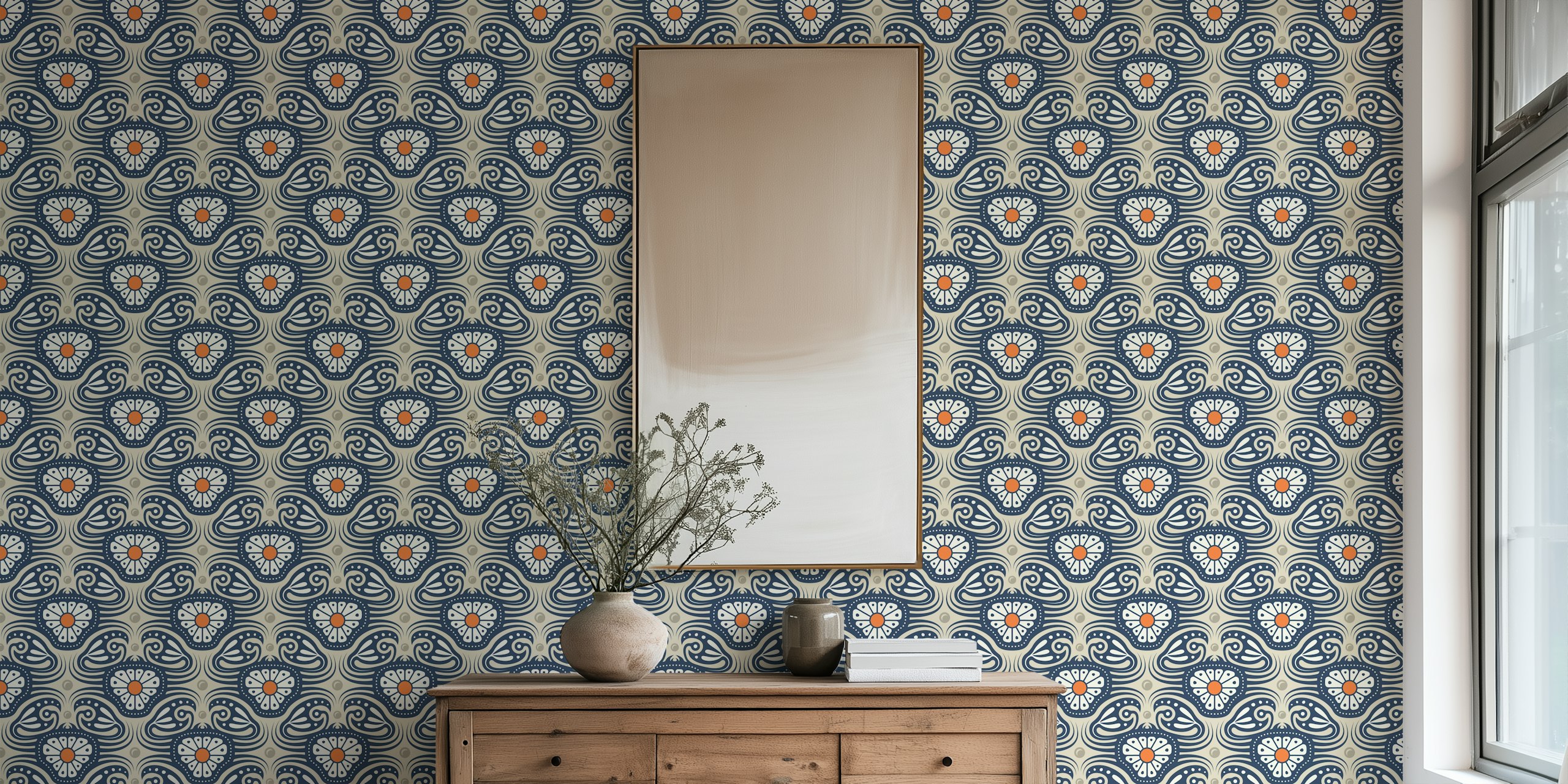 Vintage floral design featuring crabs and flowers in navy, orange, and cream wallpaper