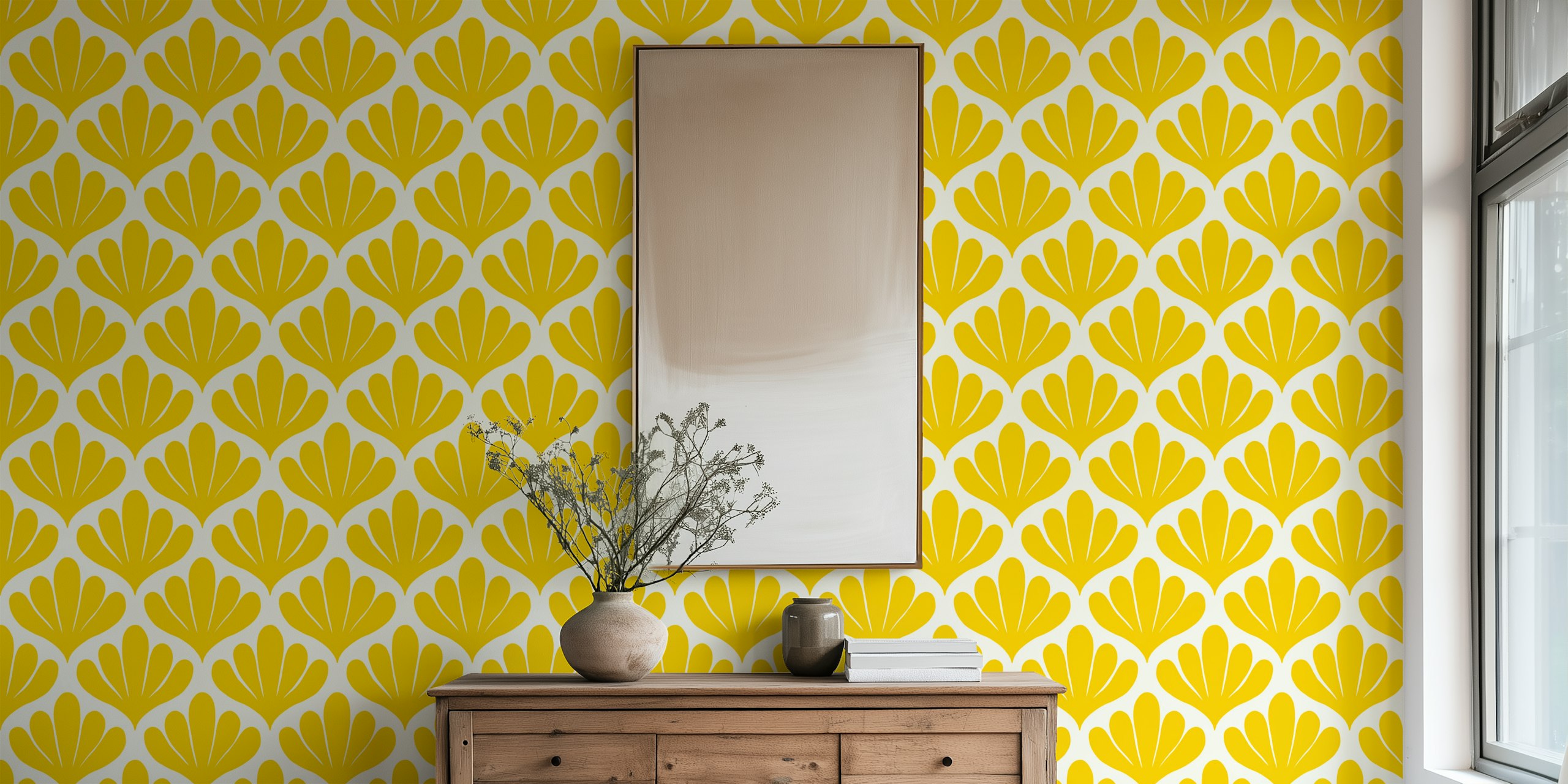 Simple botanical damask wallpaper in a room
