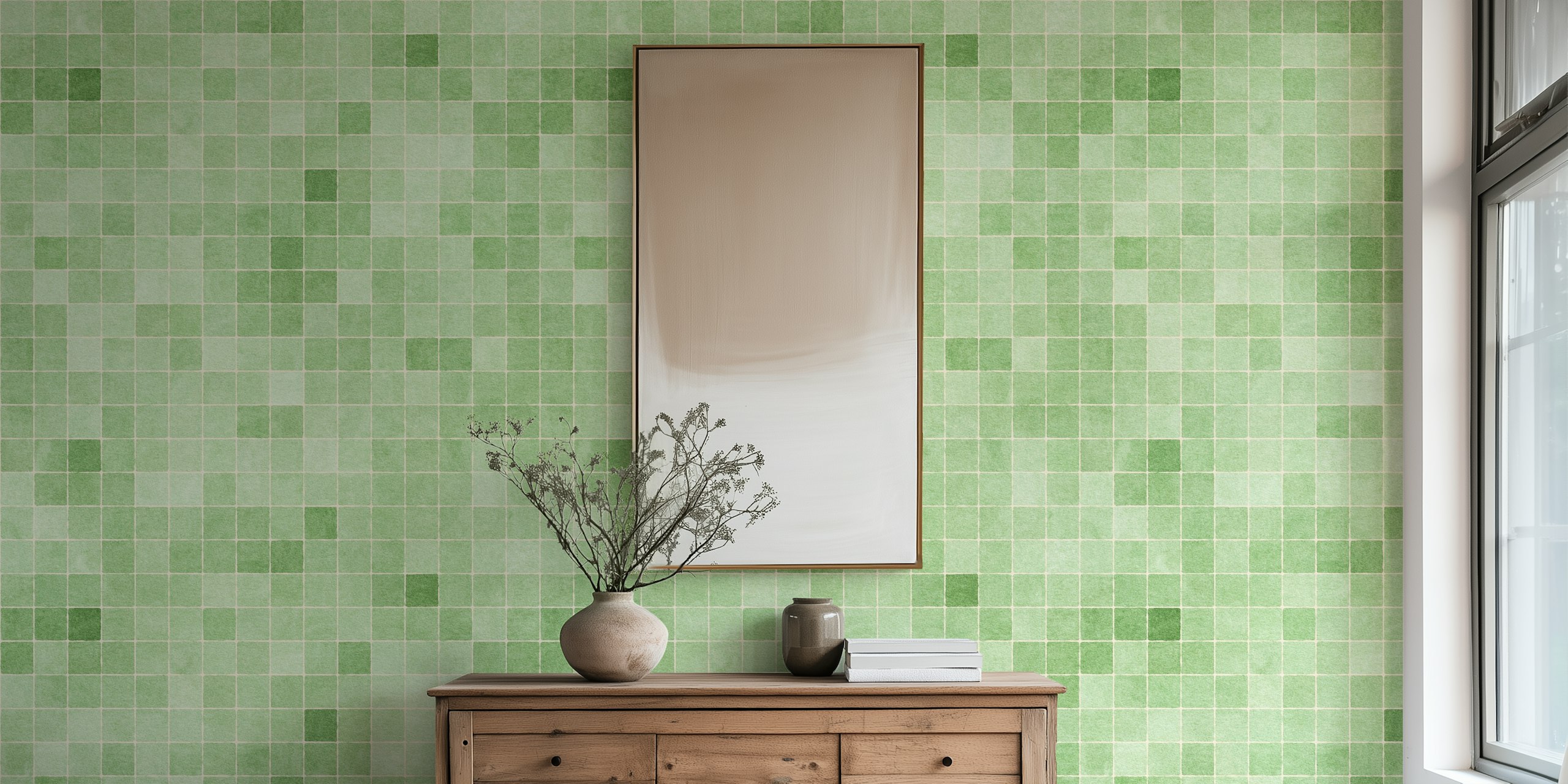 Green mosaic tile pattern wallpaper for modern decor