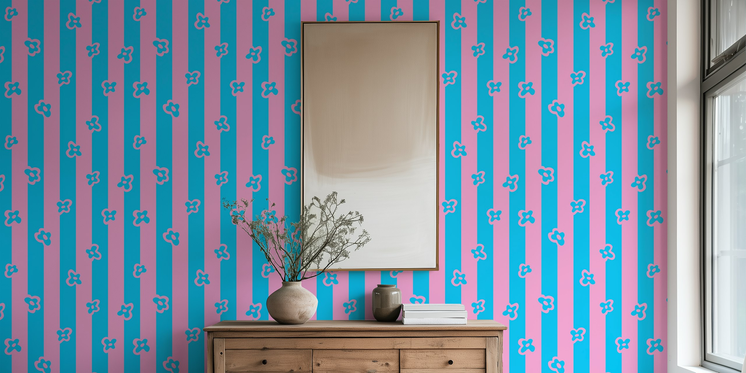 Retro floral pattern in pink and blue stripes wallpaper