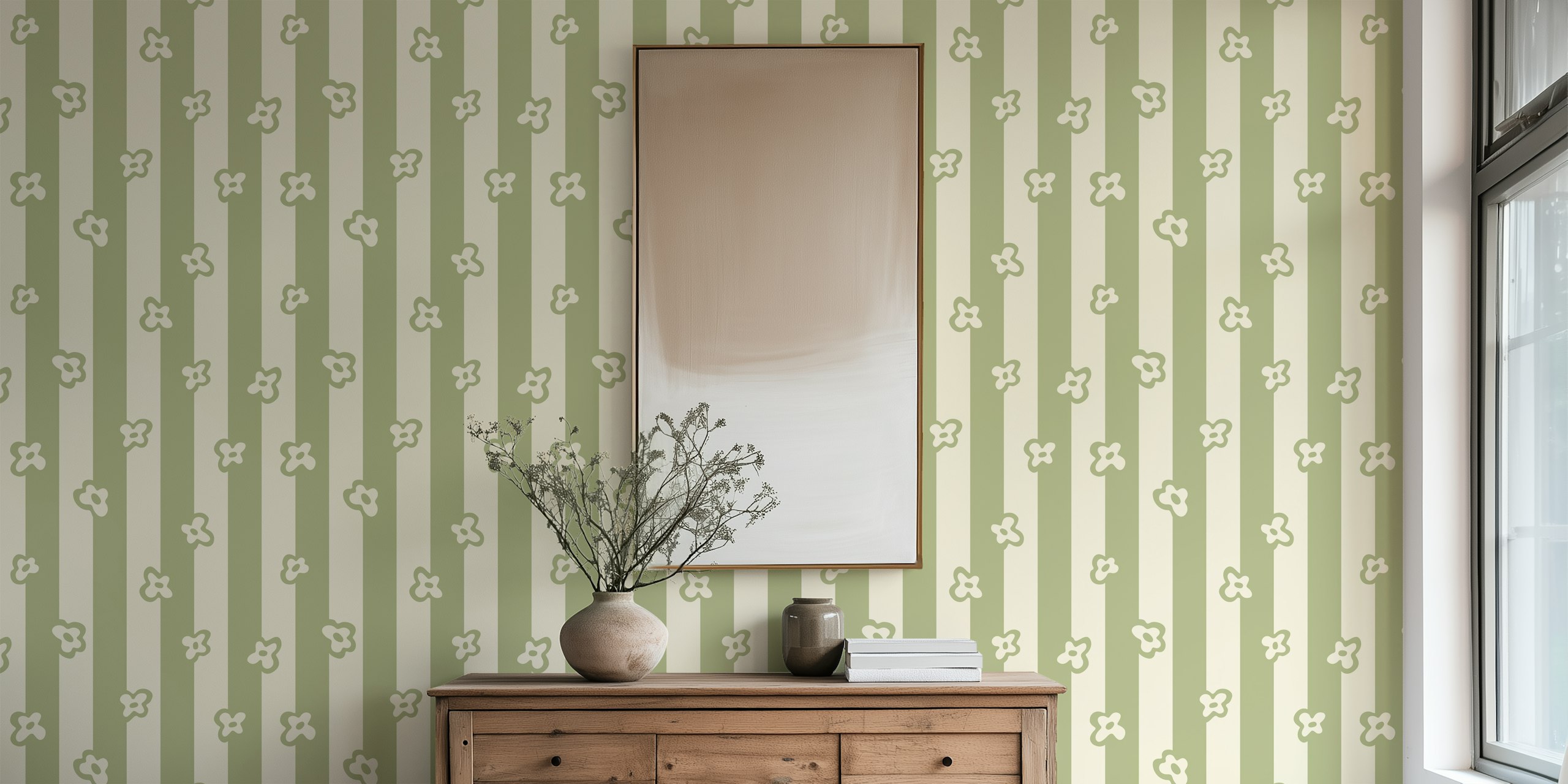 Sage green striped wallpaper in a room