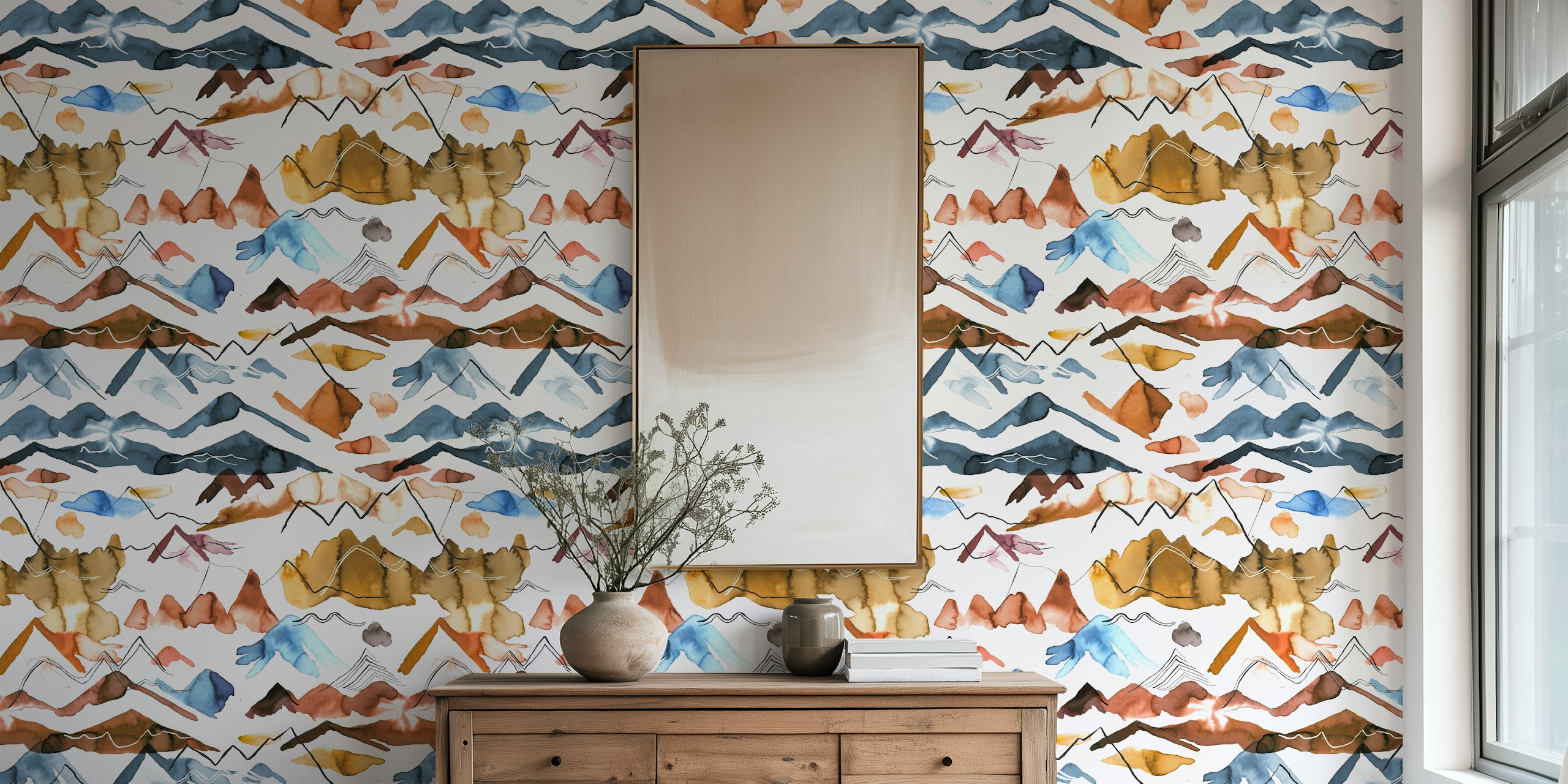 Watercolor wallpaper of western mountains in a room