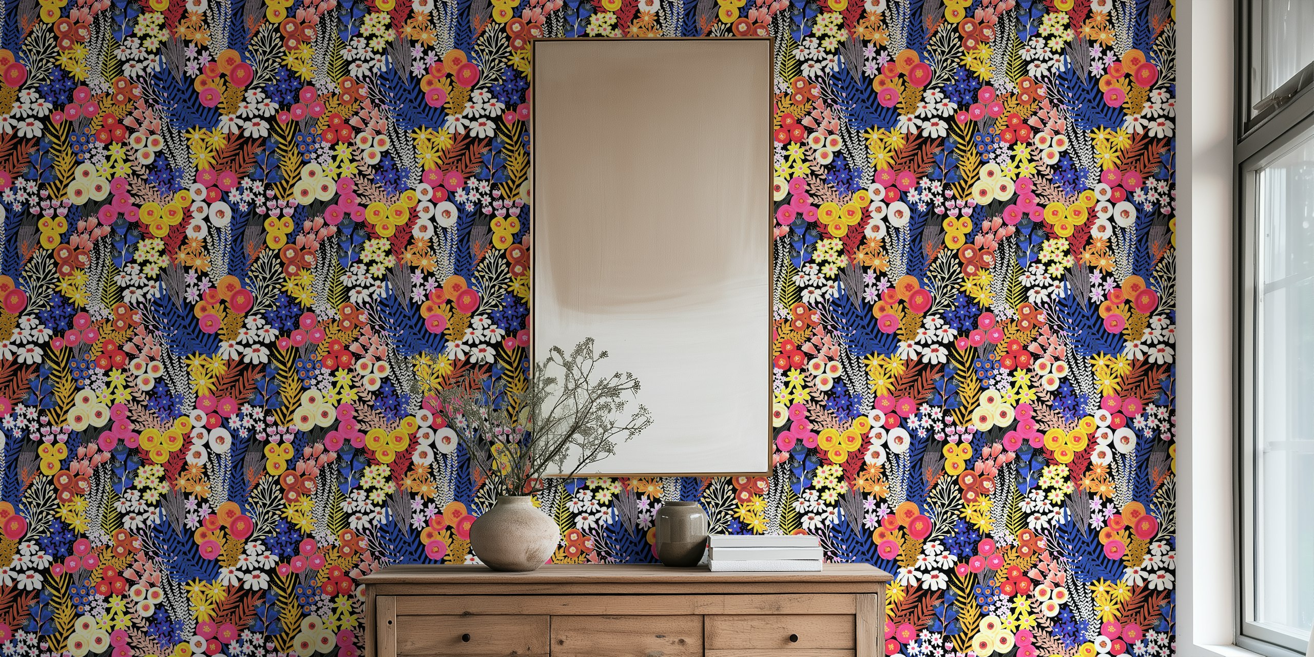 Colorful floral pattern with pink, yellow, and blue flowers on black wallpaper