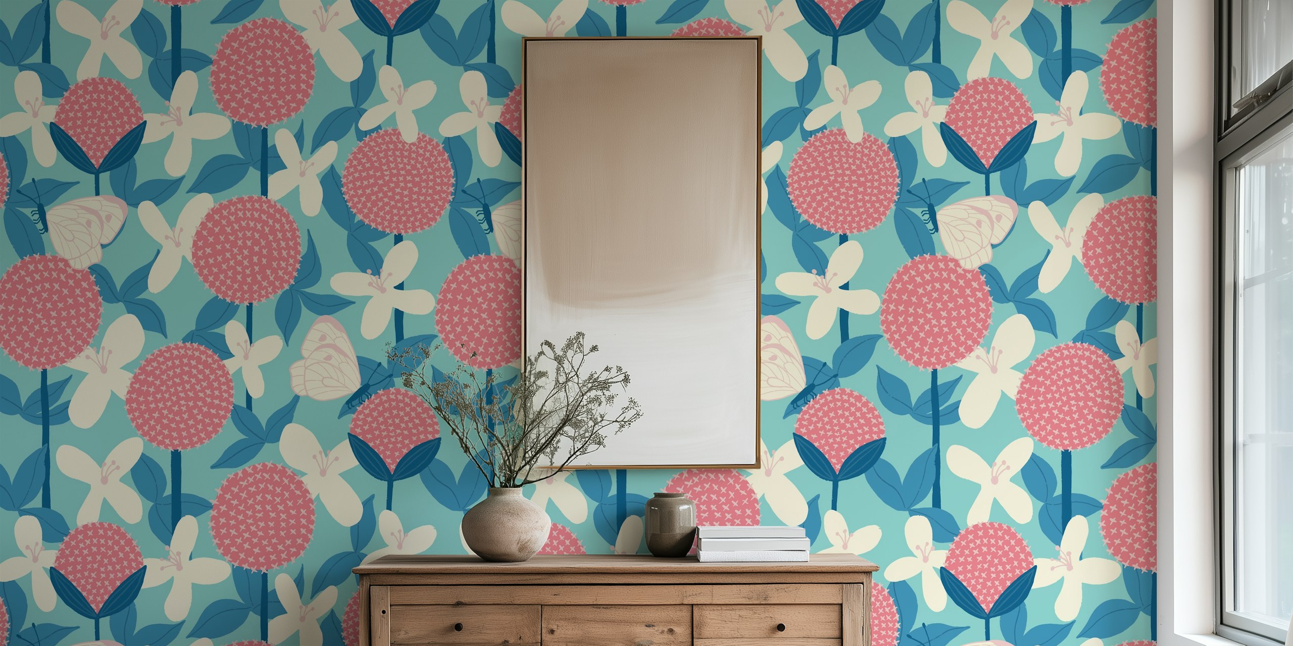 Allium and Clematis wallpaper design in a room