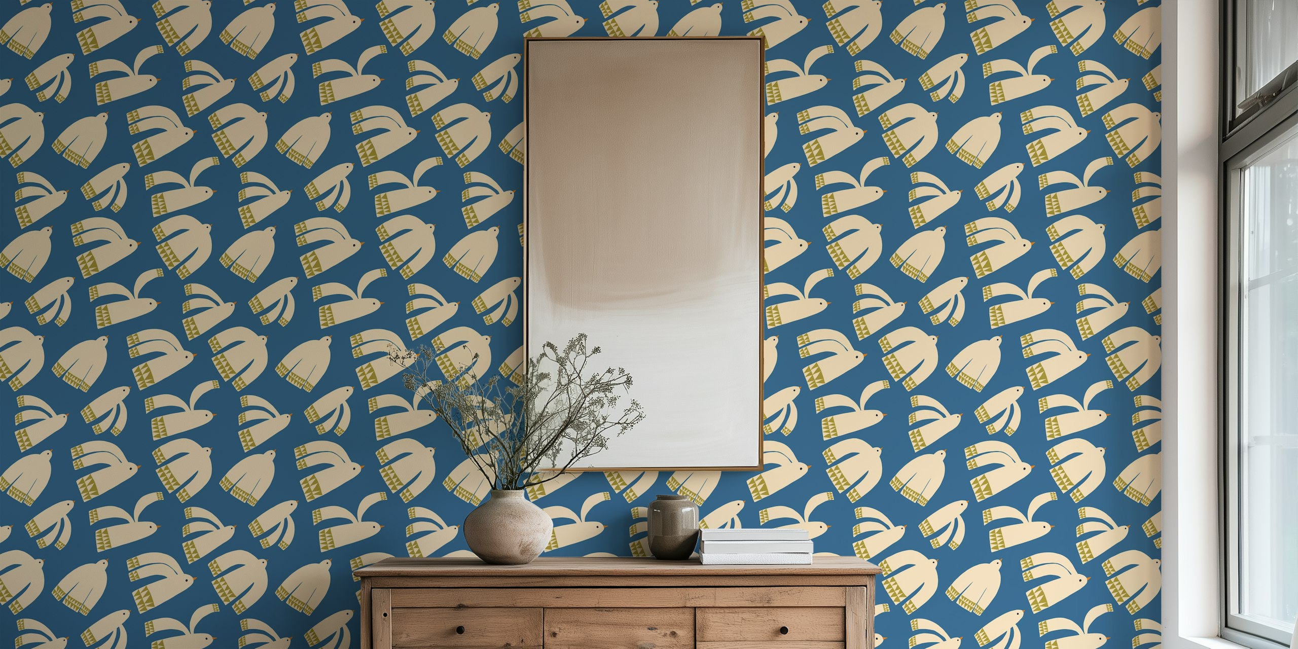 Folk art birds wallpaper in a room