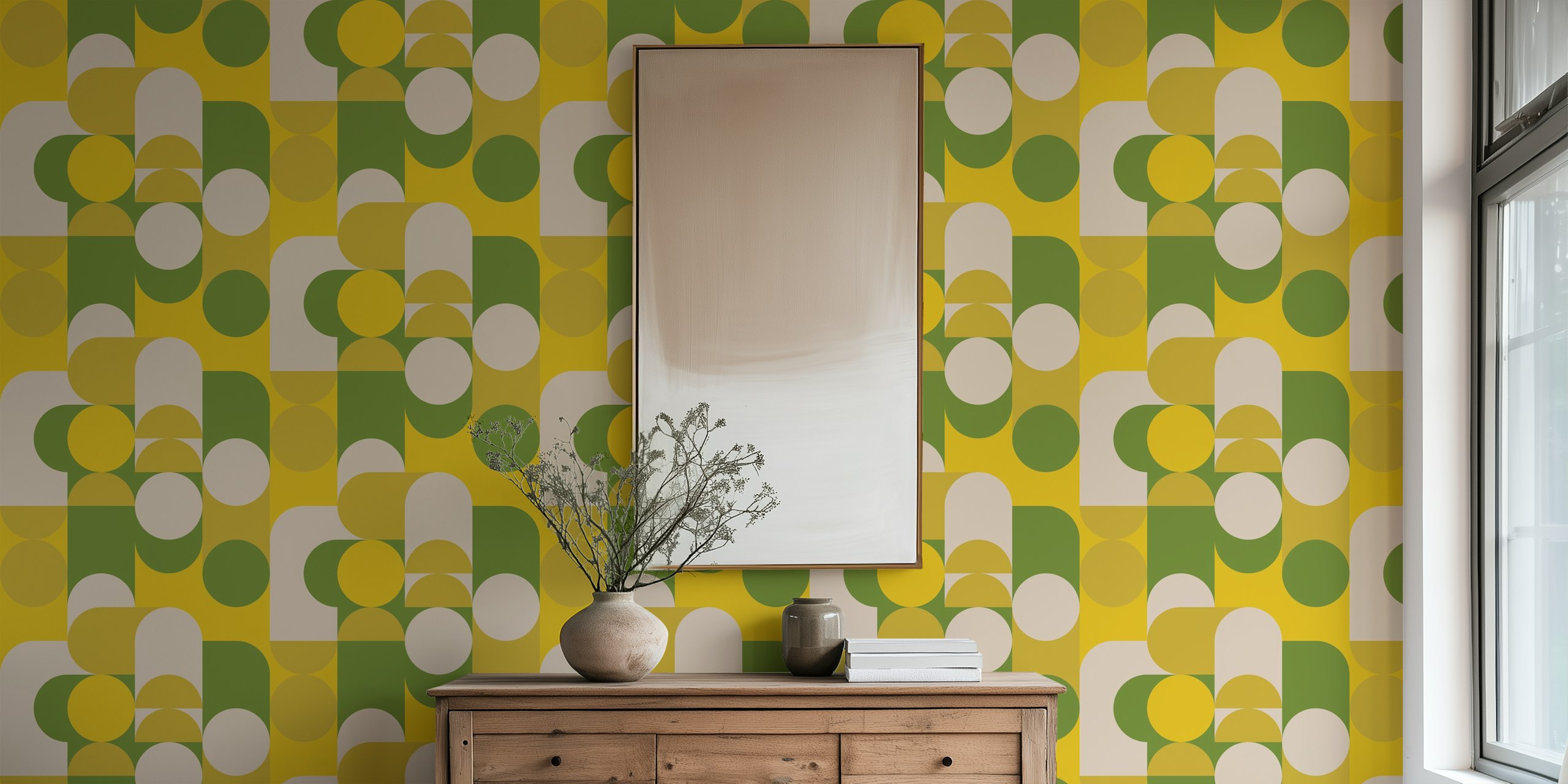 Geometric shapes in green, yellow, and cream wallpaper