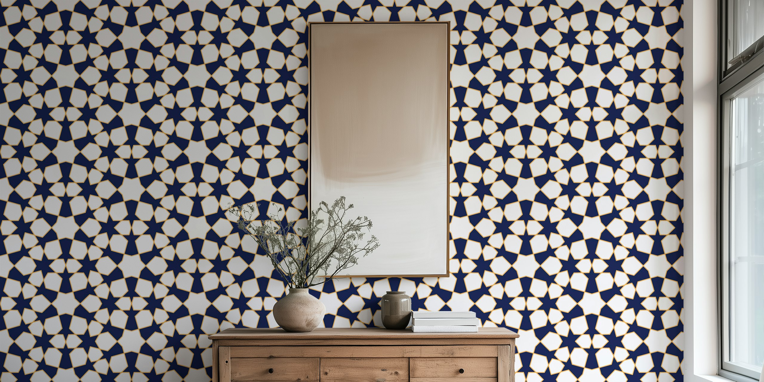 Amostra de papel de parede navy arabesque art style 9 navy smaller no quarto