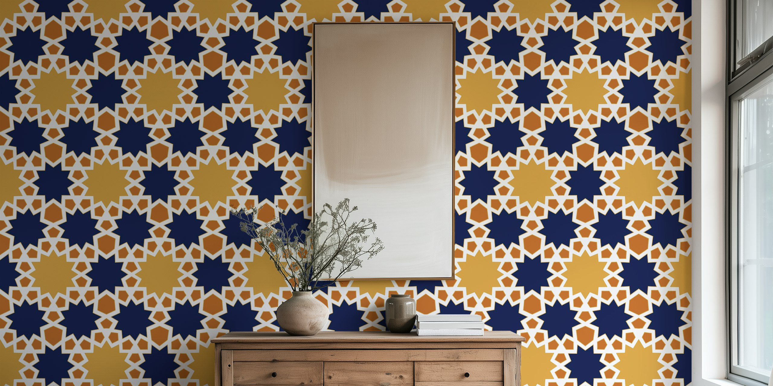Arabesque star pattern in navy and gold wallpaper