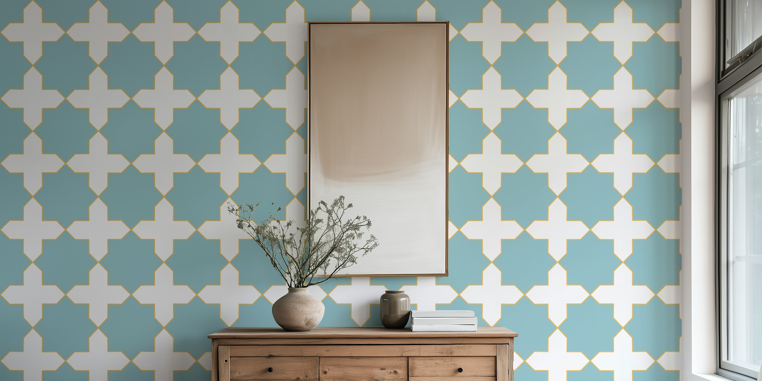Pale blue and gold arabesque wallpaper in room