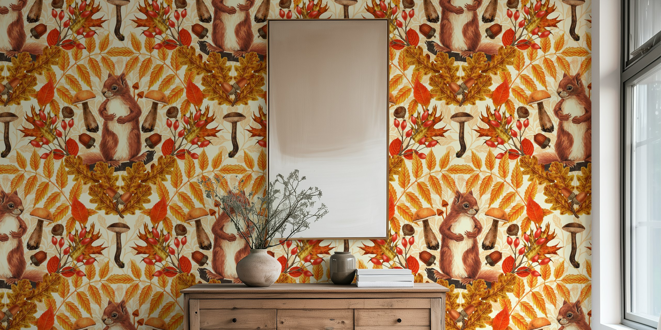 Autumn squirrel wallpaper in a room