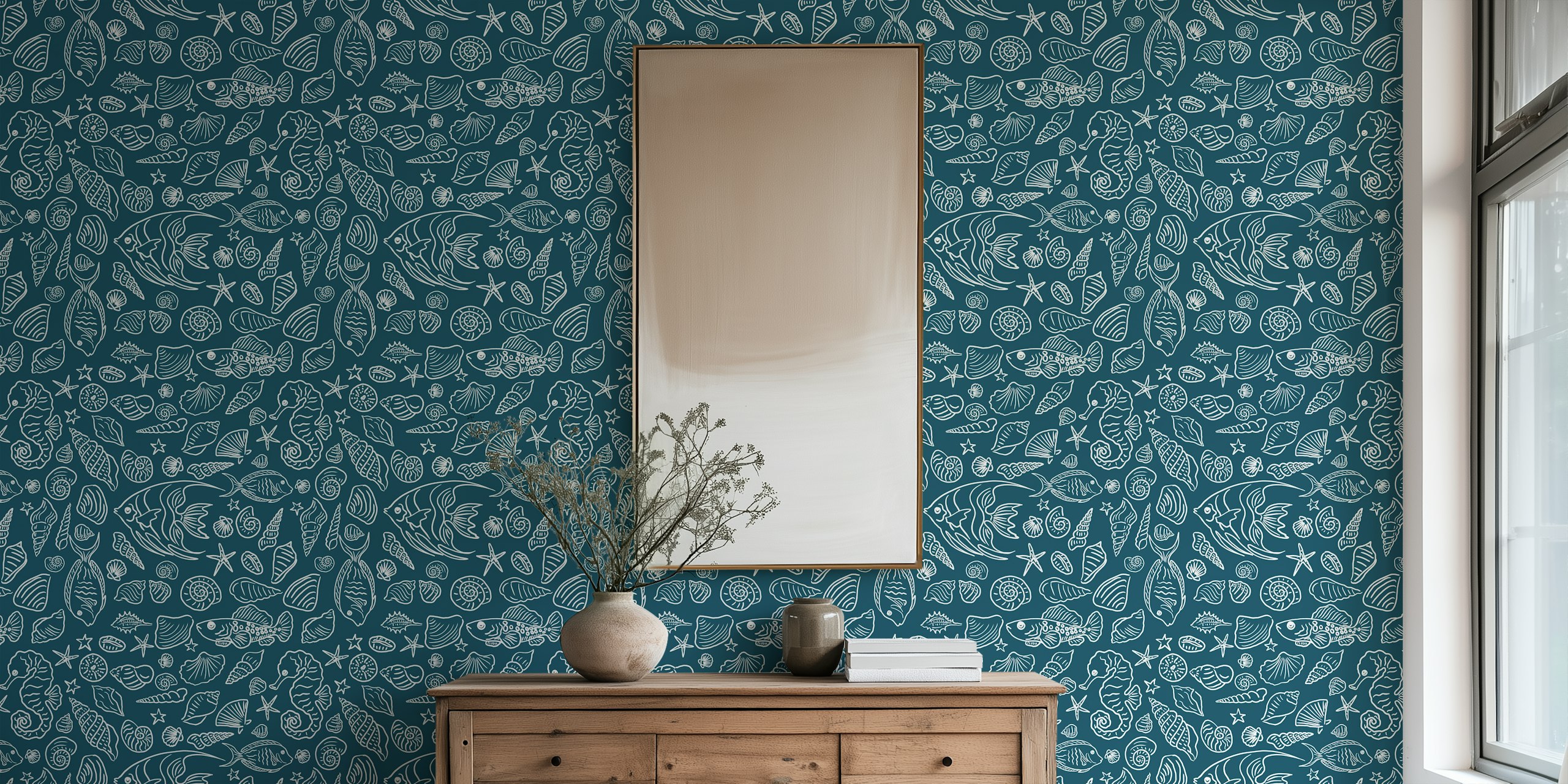 Teal and white underwater hand-made doodles wallpaper with fish, shells, and starfish
